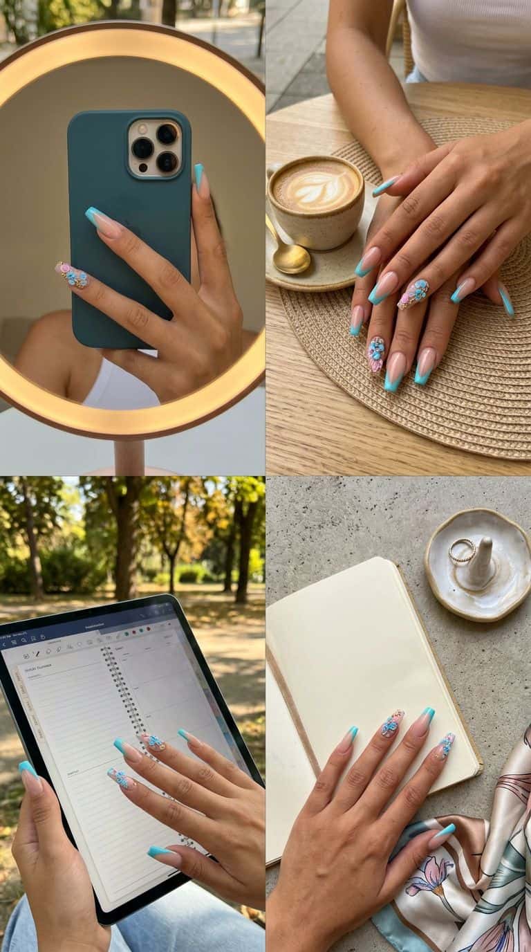 Long coffin nails with aqua blue French tips and elaborate 3D floral and rhinestone embellishments on accent nails.