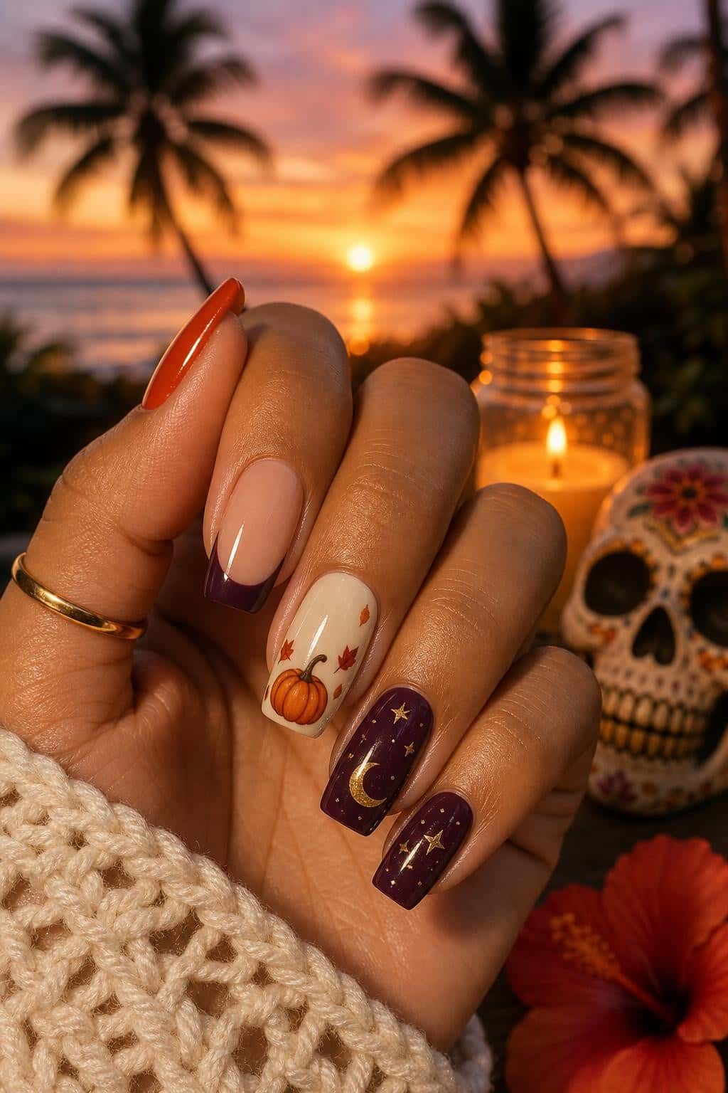 Long orange glitter stiletto nails with holographic shimmer and ombre tips.