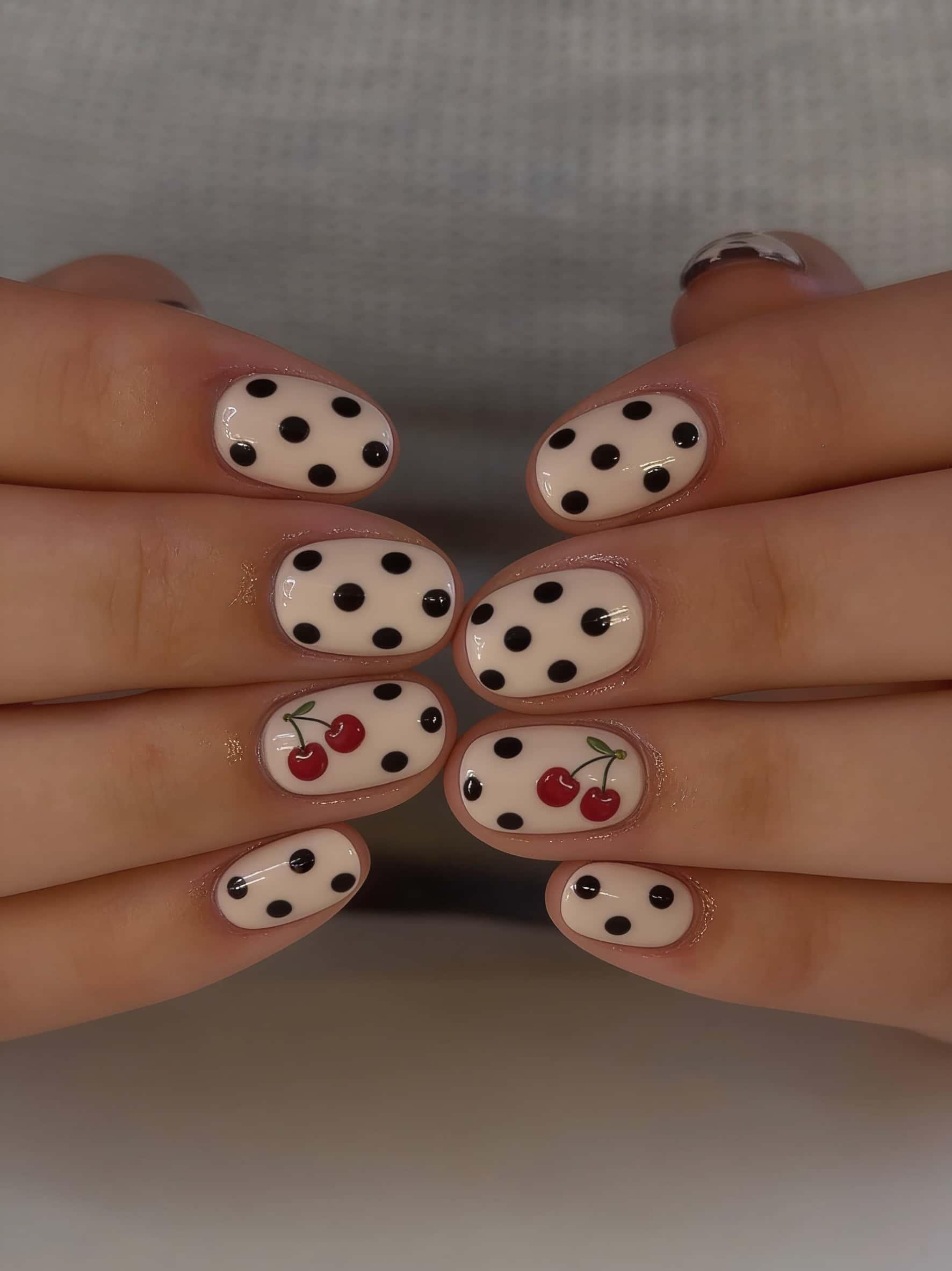 Short oval nails feature a glossy off-white base with black polka dots, accented by red cherry illustrations on the ring fingers.