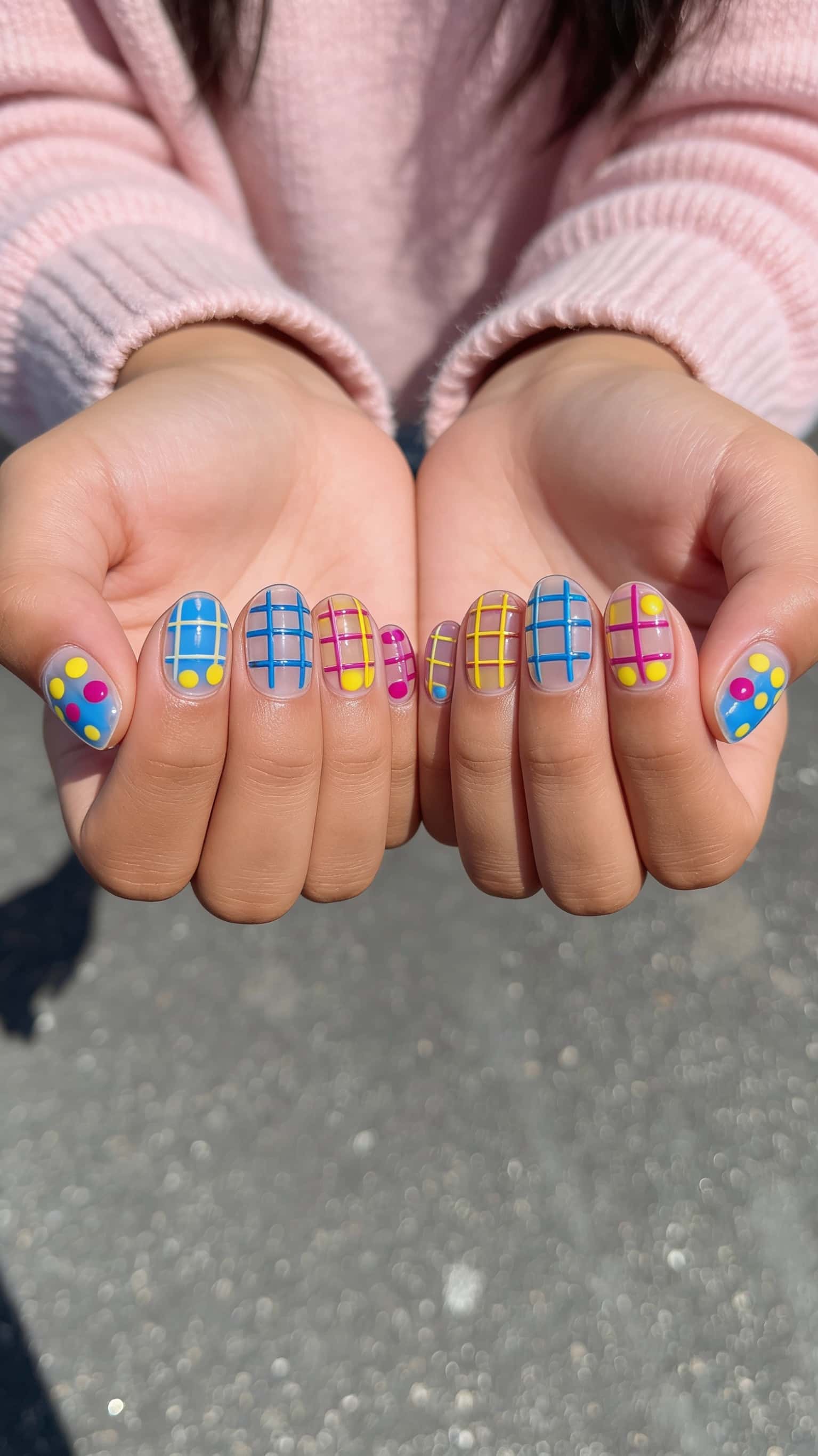 Oval nails with colorful plaid design and playful polka dots.