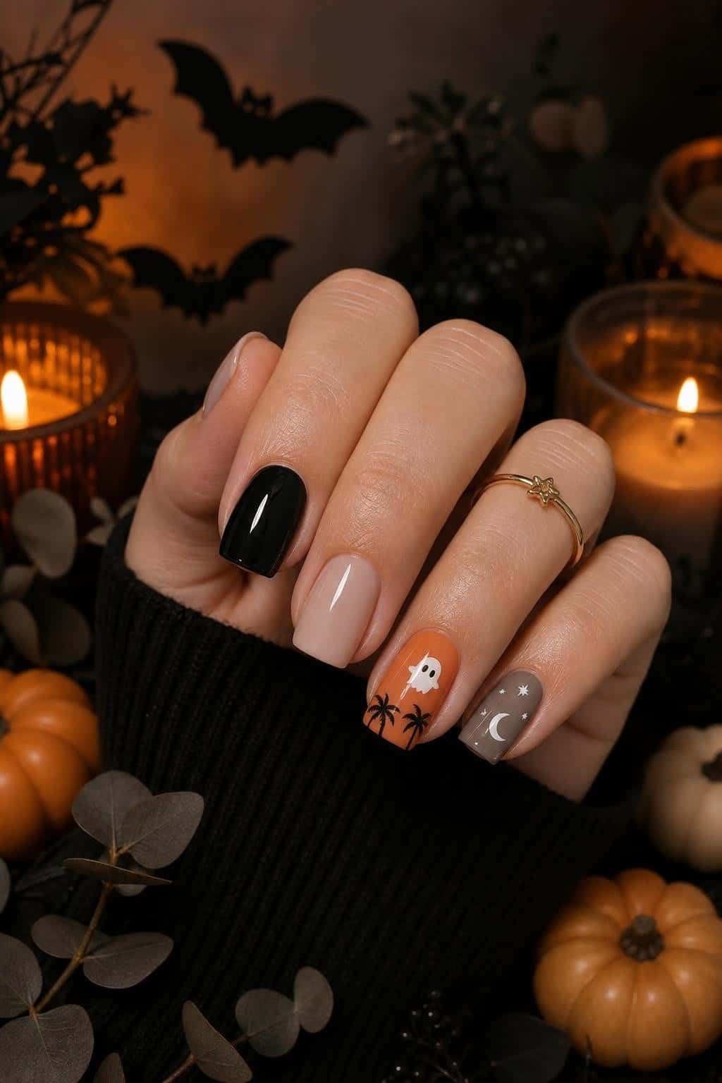 Short, rounded square nails with a playful Halloween mix-and-match design featuring solid colors, a ghost with palm trees, and a moon with stars.