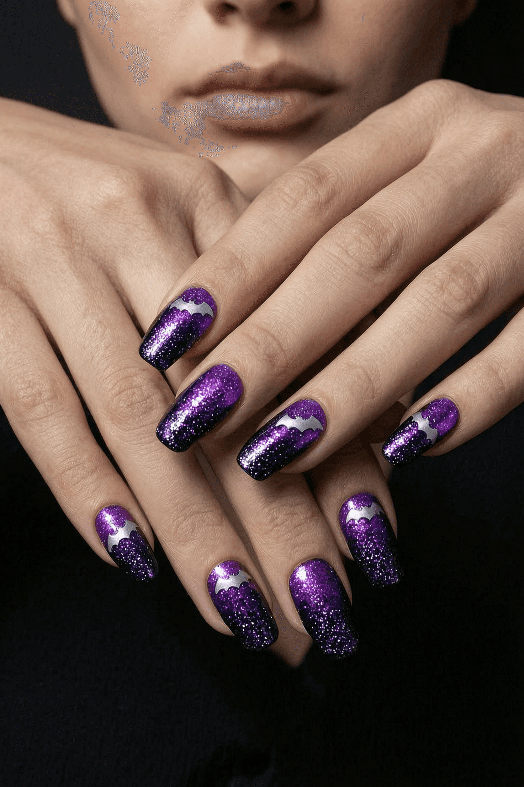 Long blue glitter stiletto nails with holographic shimmer and ombre tips.