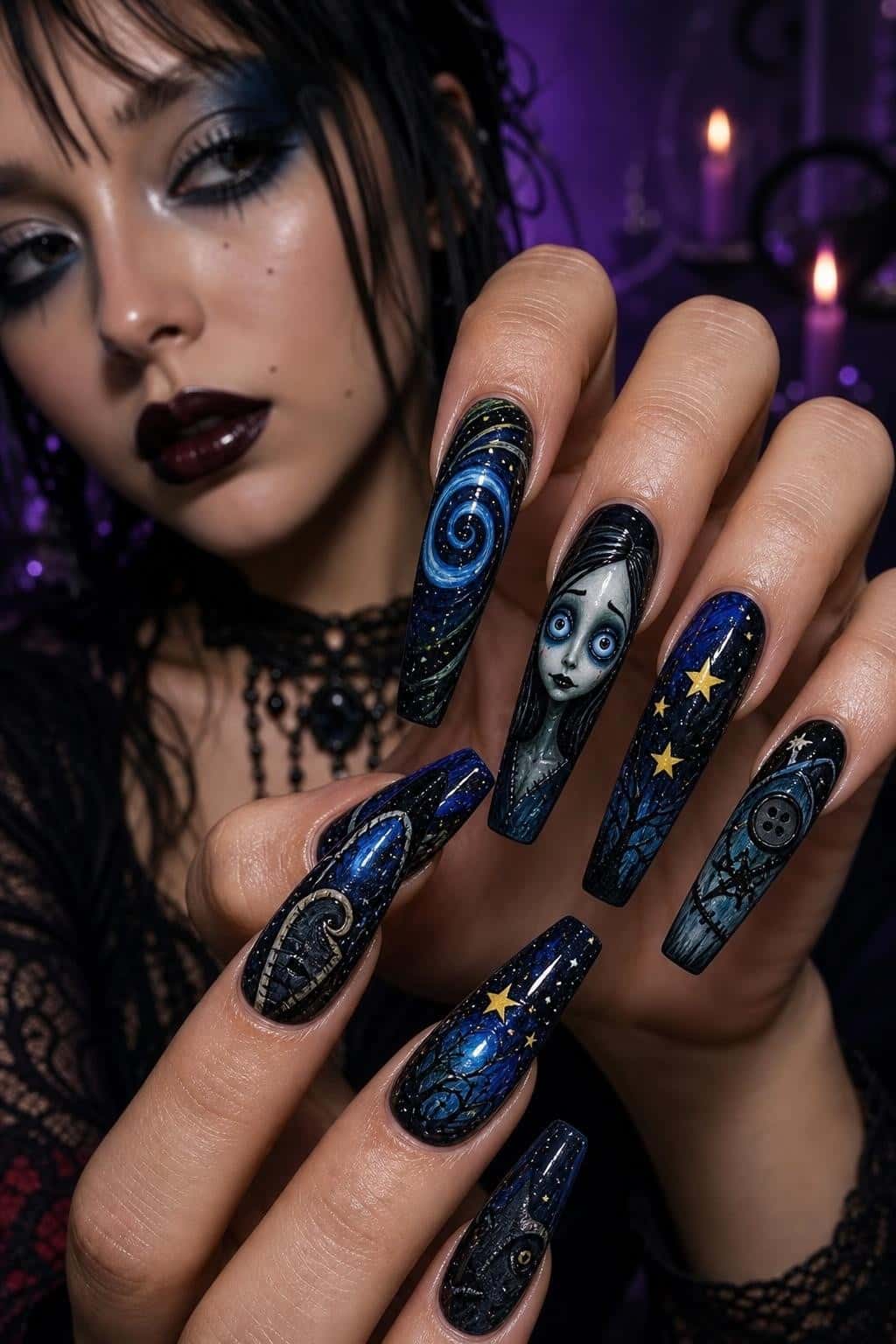 Long blue glitter stiletto nails with holographic shimmer and ombre tips.