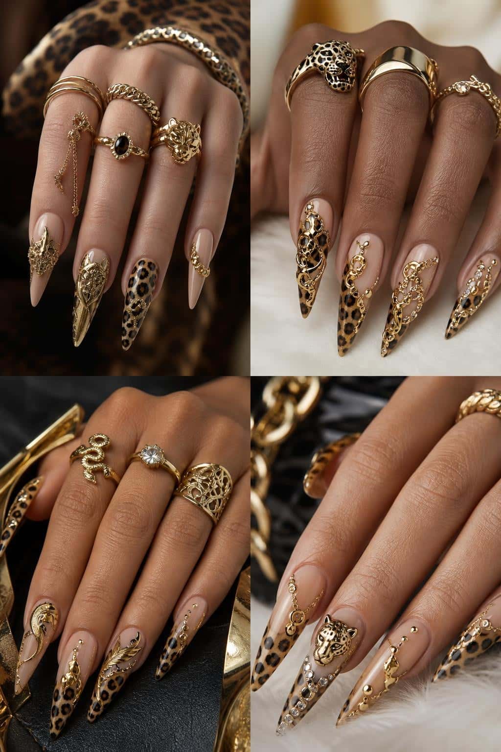 Long stiletto nails with a nude base, featuring leopard print accents, elaborate gold 3D embellishments, chains, and rhinestones.