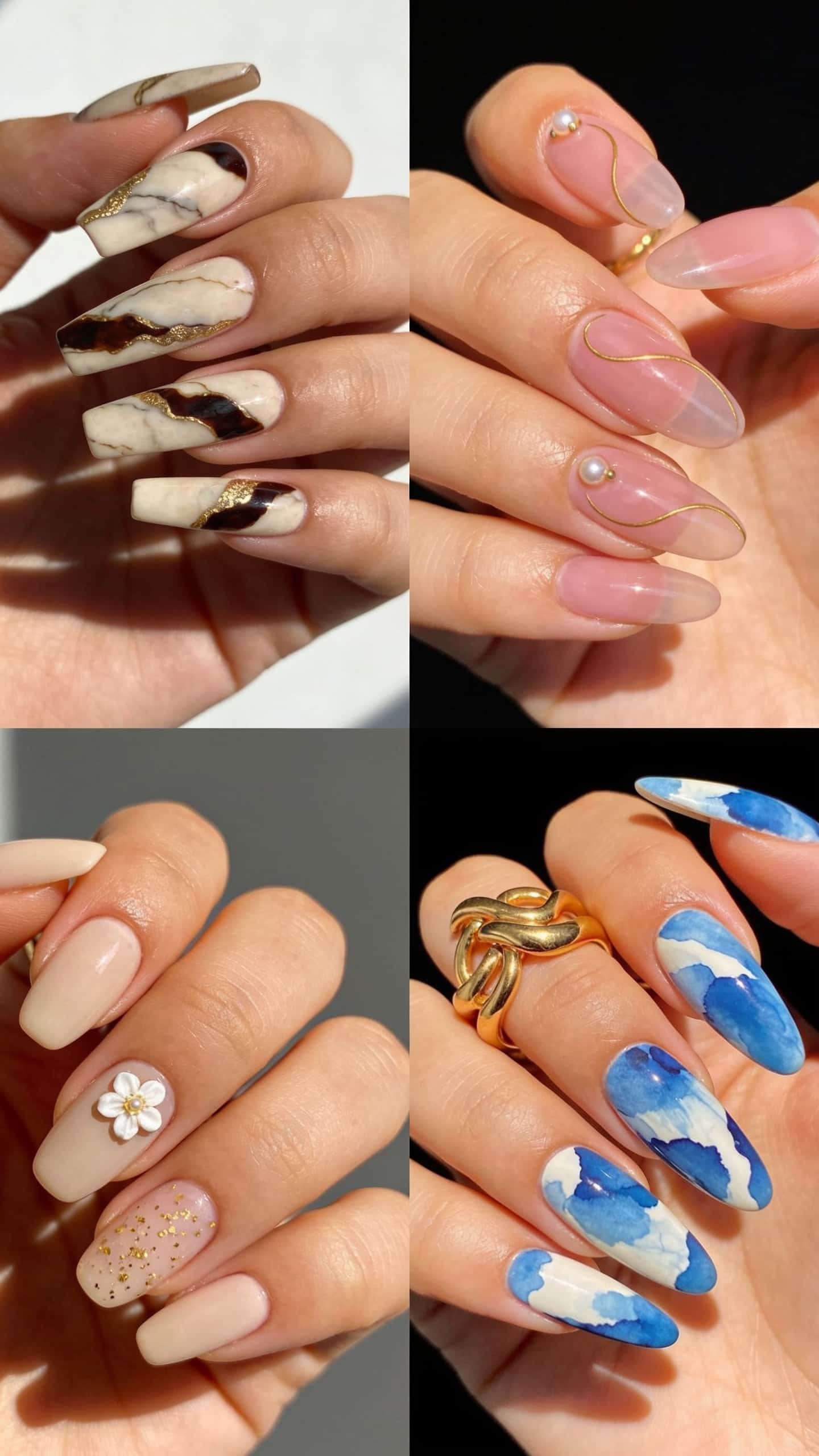Coffin-shaped nails with marbled brown and beige design and gold foil accents.