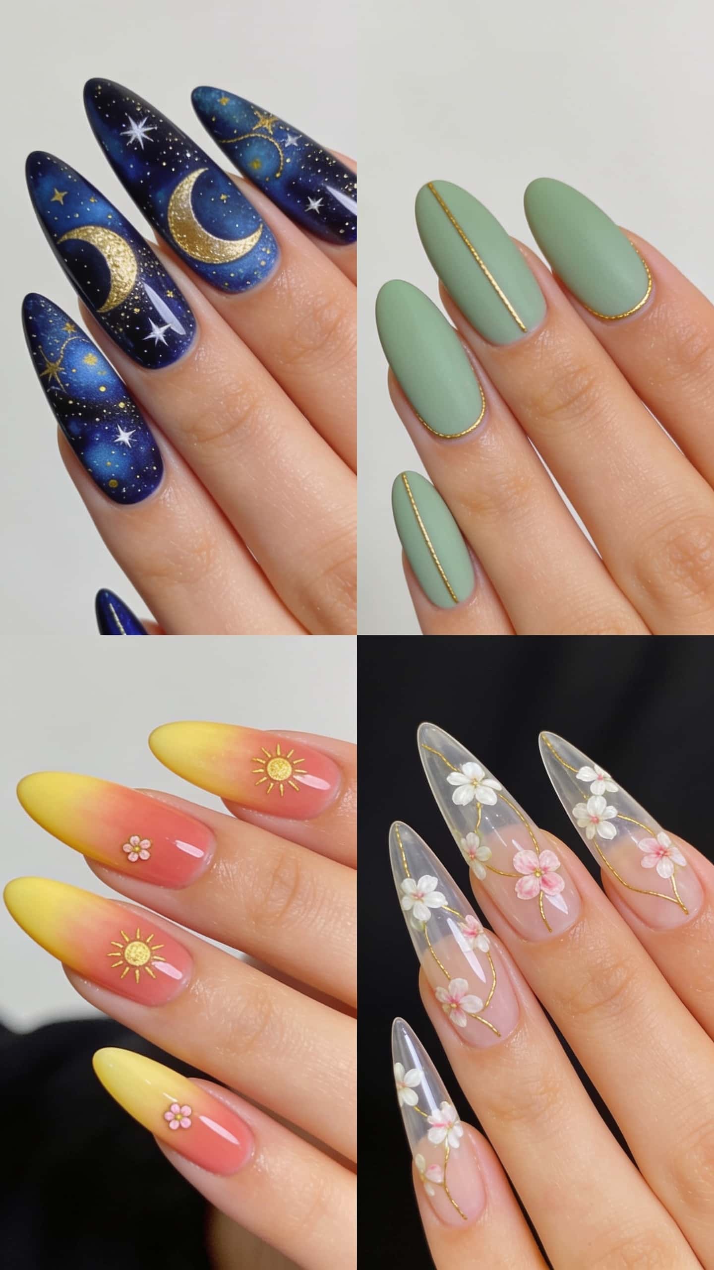 Long almond nails with a dark blue galaxy, gold moons, and white stars.