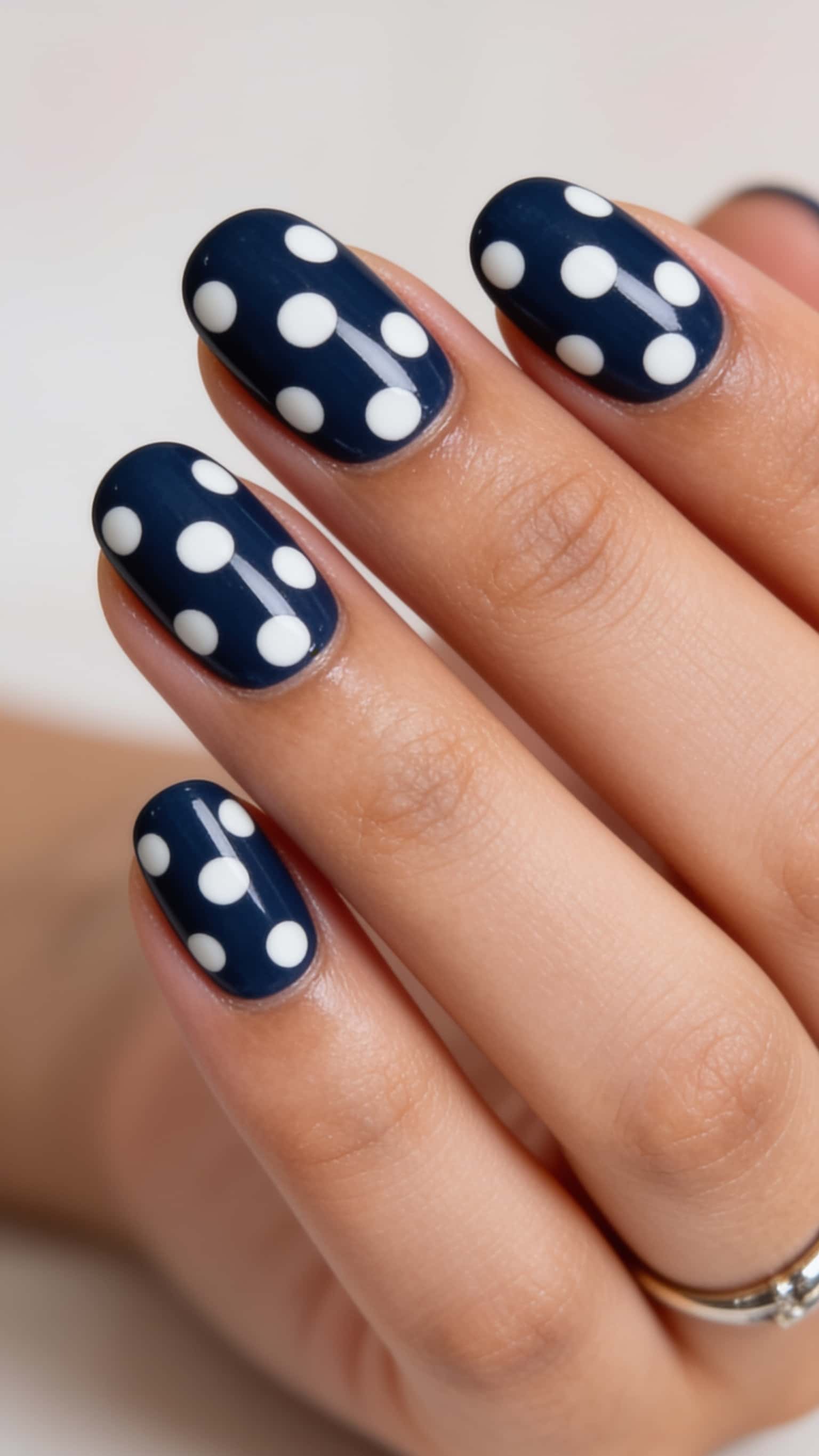Oval navy blue nails with white polka dots and a glossy finish.