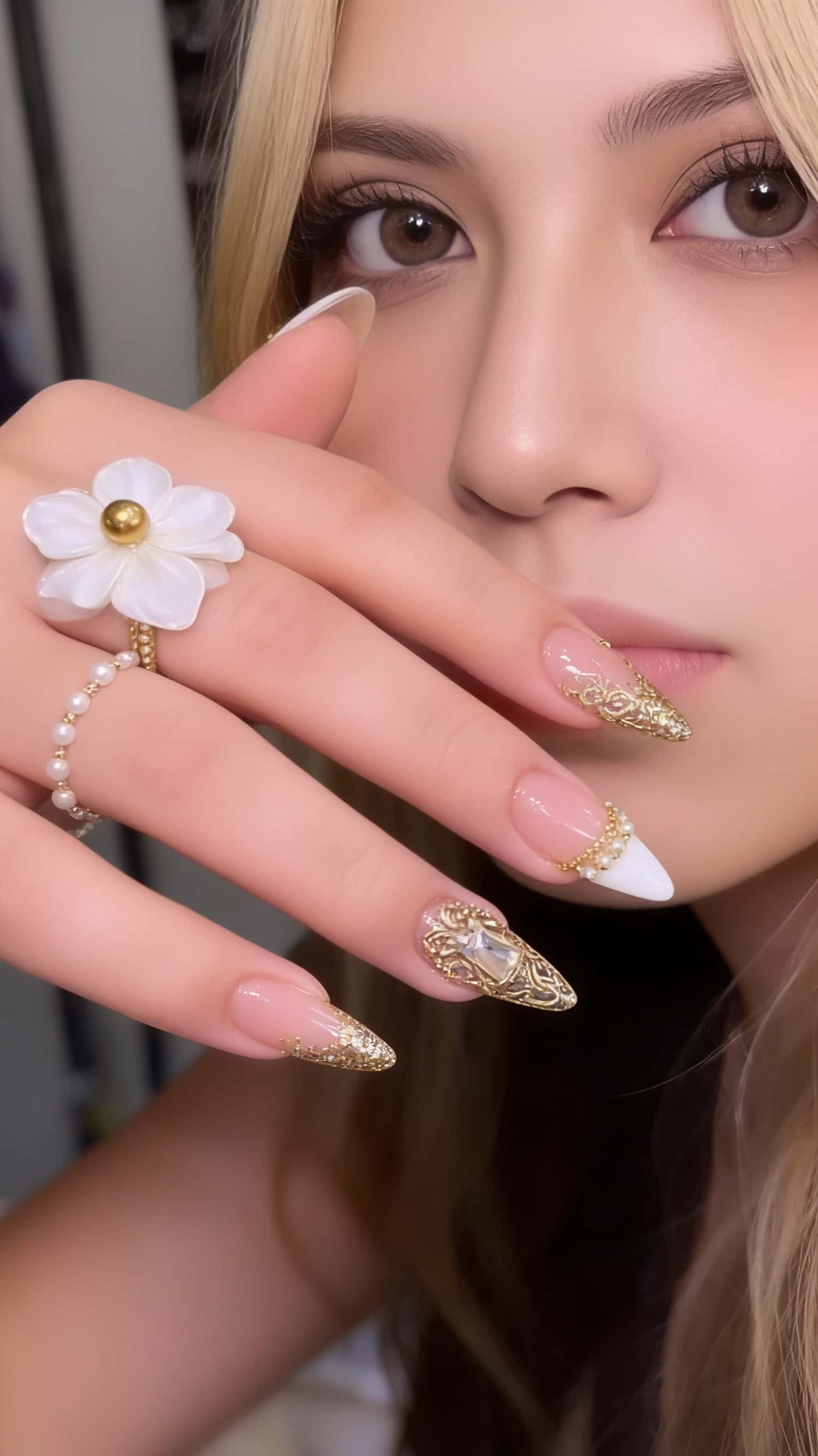 Long stiletto nails with a sheer nude base, featuring a mix of white French tips with pearl accents, intricate 3D gold filigree with a large gem, and gold glitt
