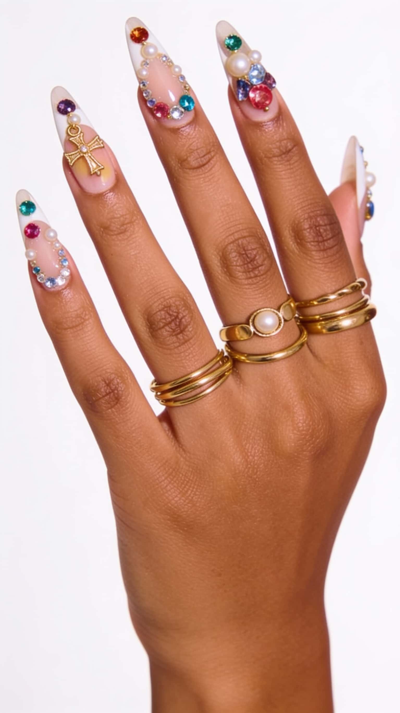 Long stiletto nails with ornate jeweled accents and a cross charm on the ring finger.