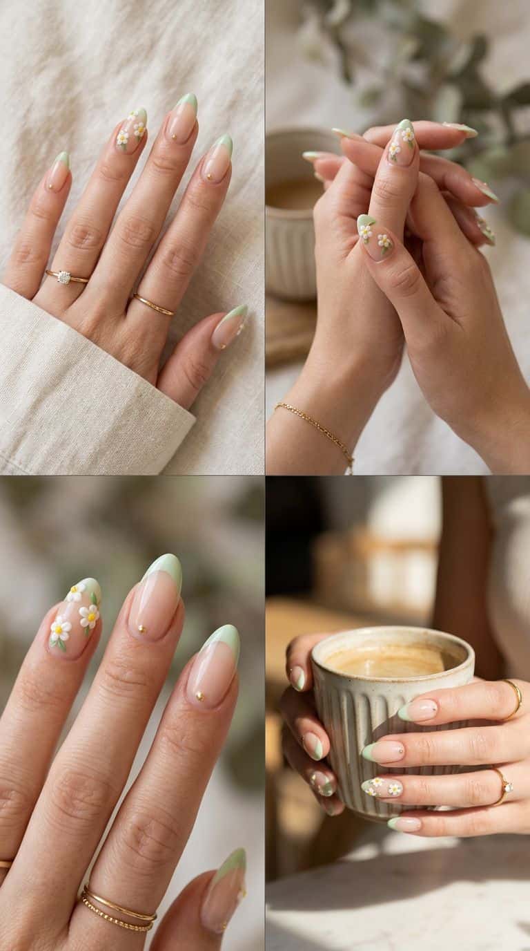 Long almond nails with pastel green daisy floral design and gold studs accent.