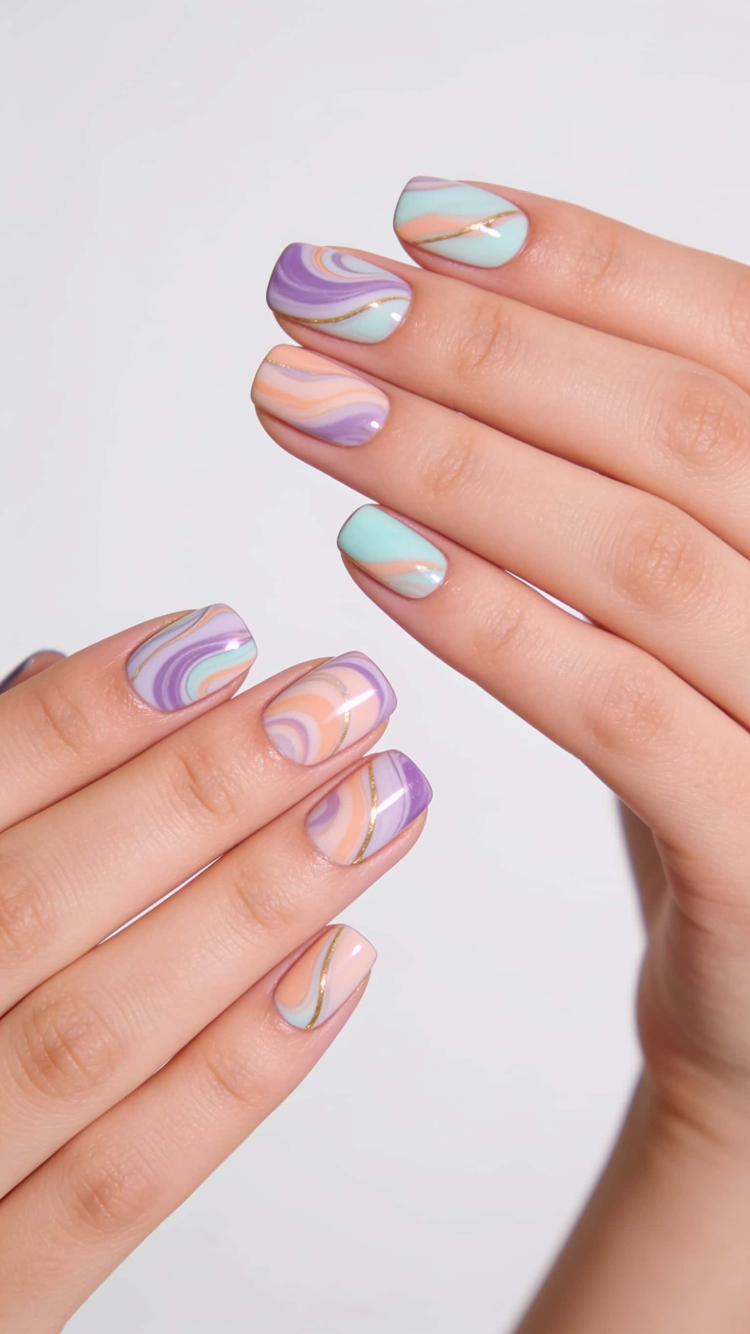Short squoval nails with pastel marble swirl design and gold accents.