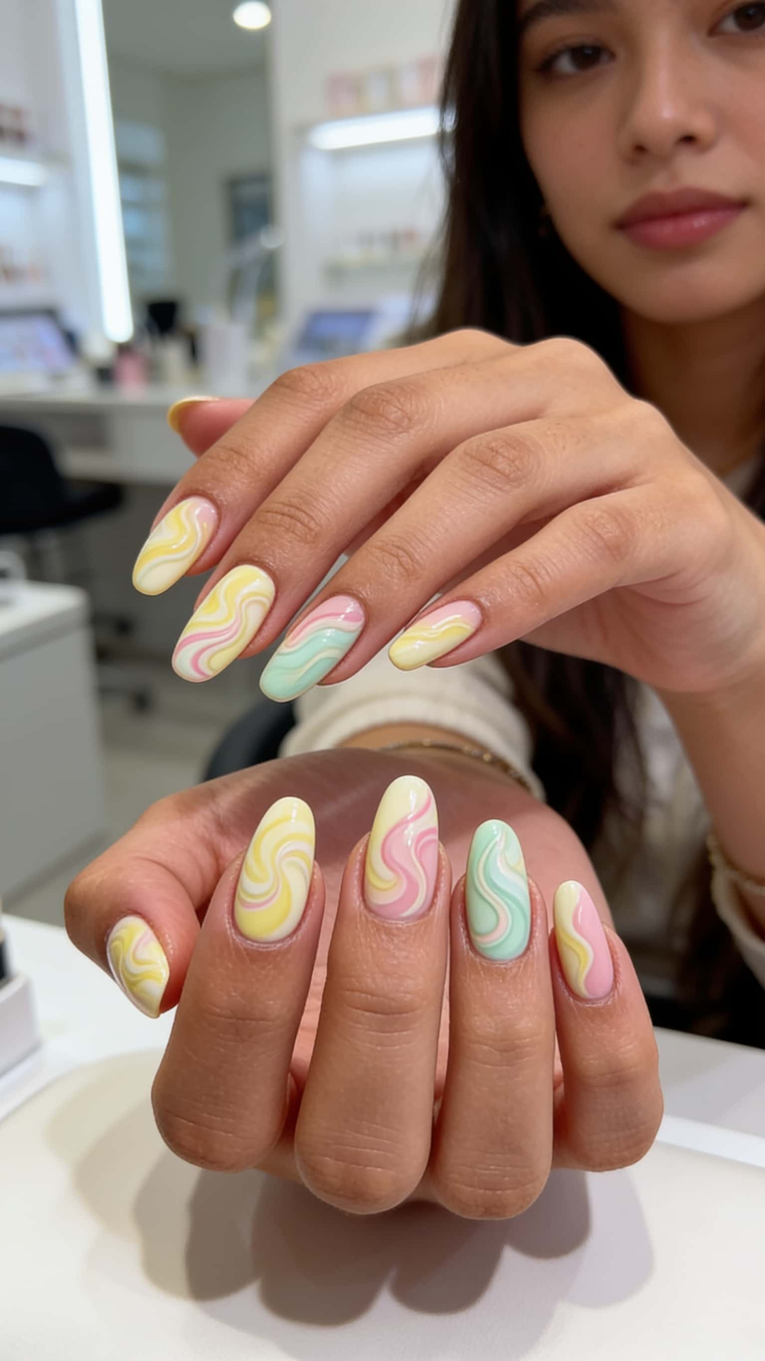 Medium oval nails with a multi-color pastel swirl abstract design and a glossy finish.