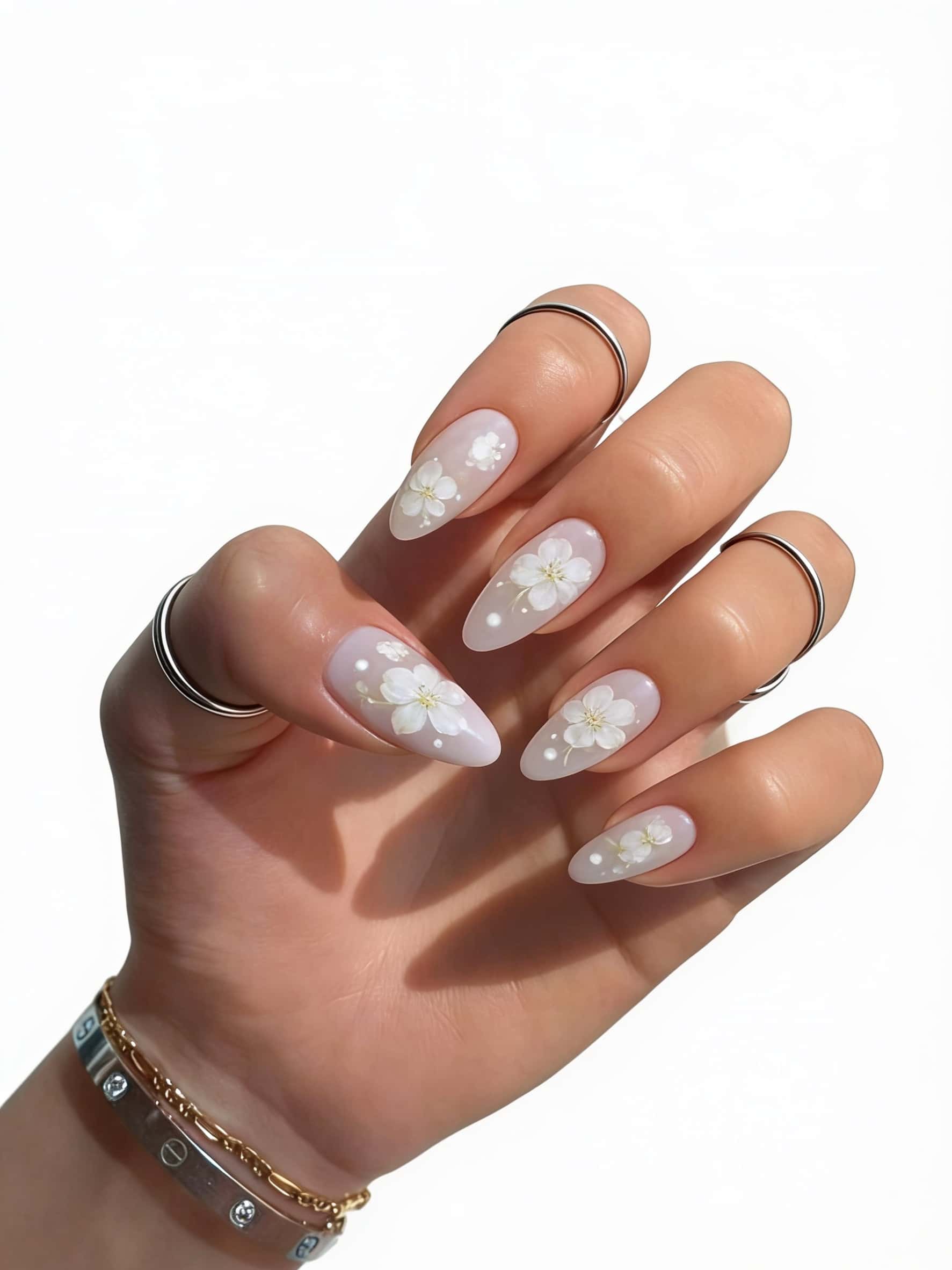 Long almond nails with a sheer lavender base, delicate white floral art, and pearl embellishments.