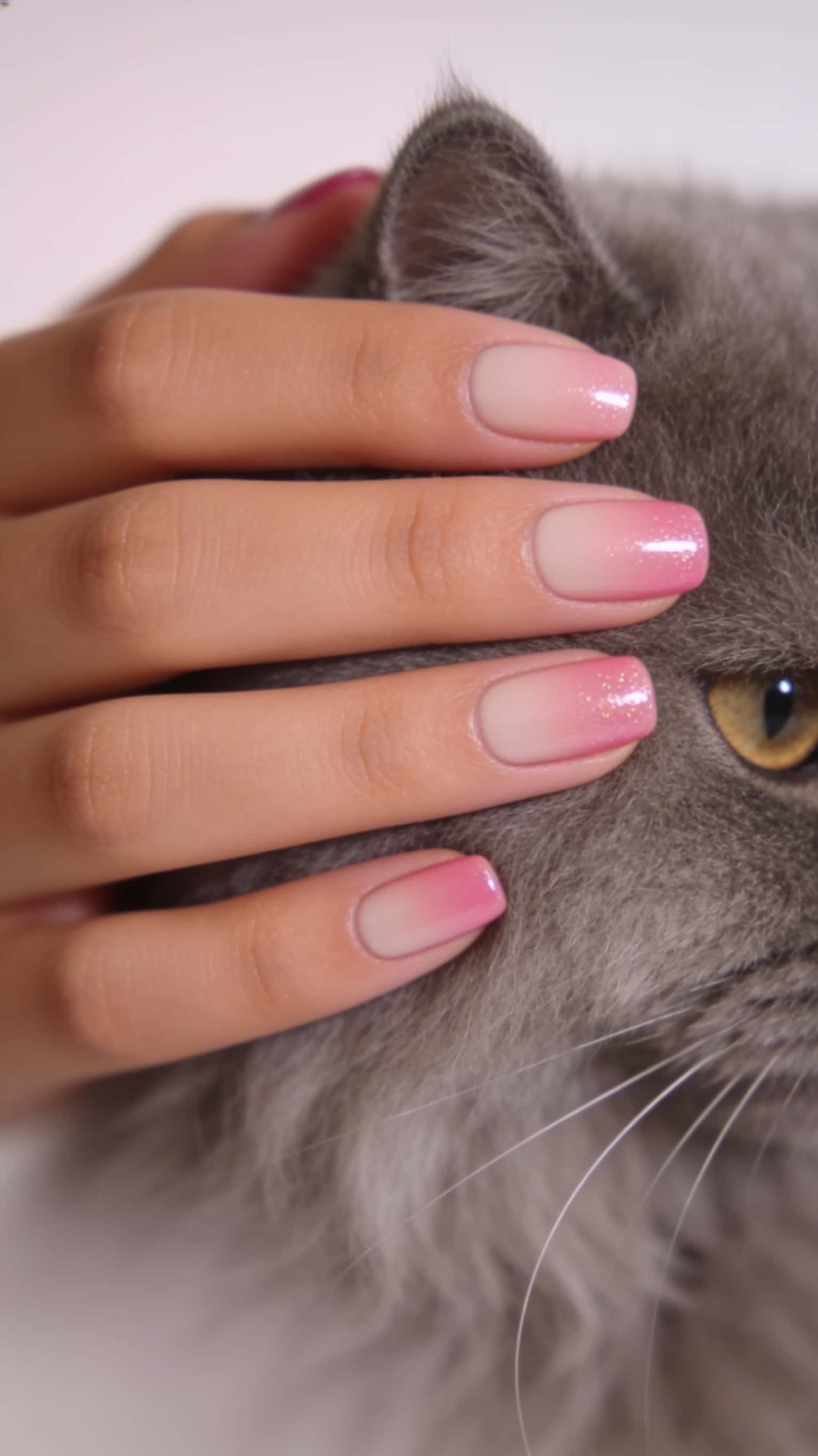 Short, rounded square nails with a pink glitter ombre design.