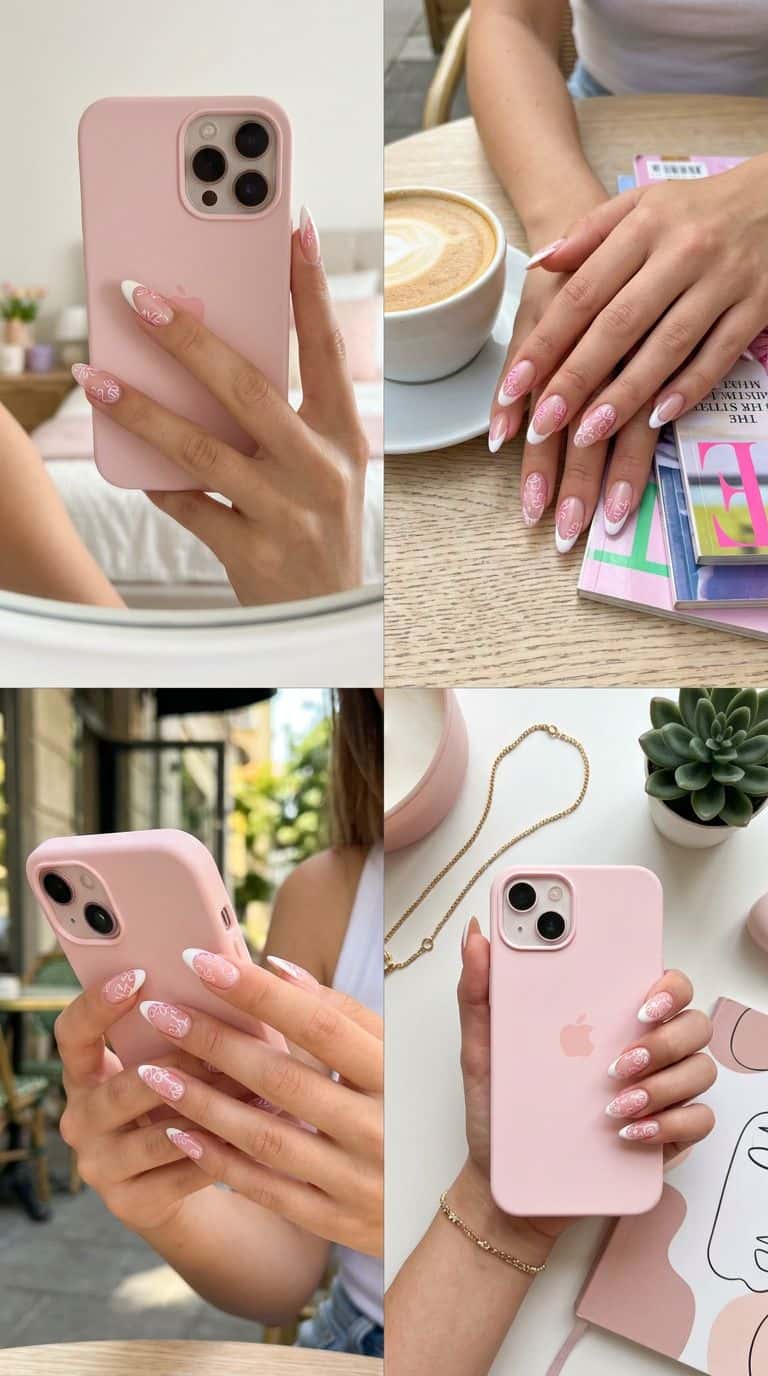 Medium almond nails with a sheer pink base, white French tips, and delicate white swirl patterns.