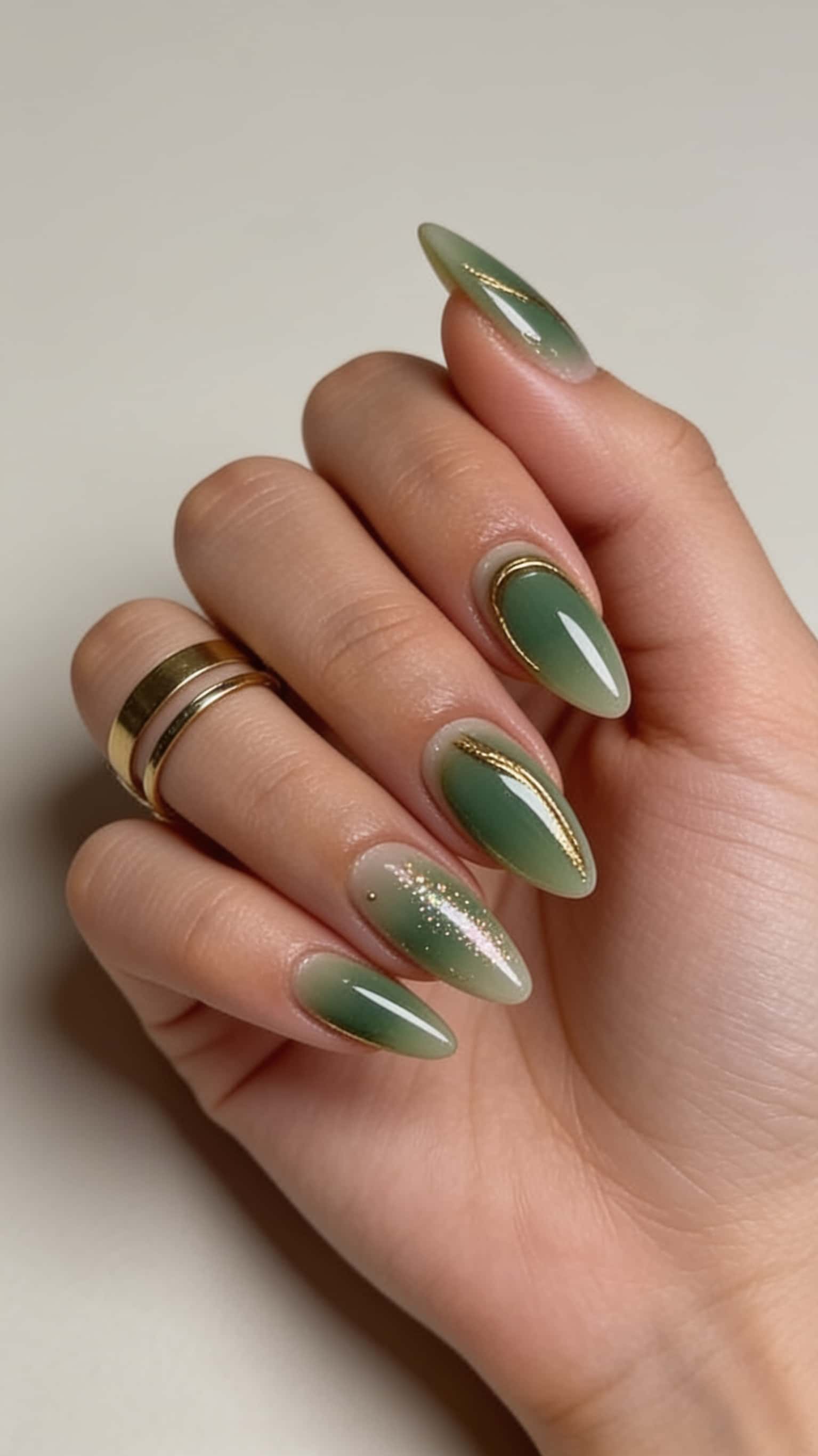 Long almond nails with sage green ombre, gold abstract lines, glitter, and cuticle framing.