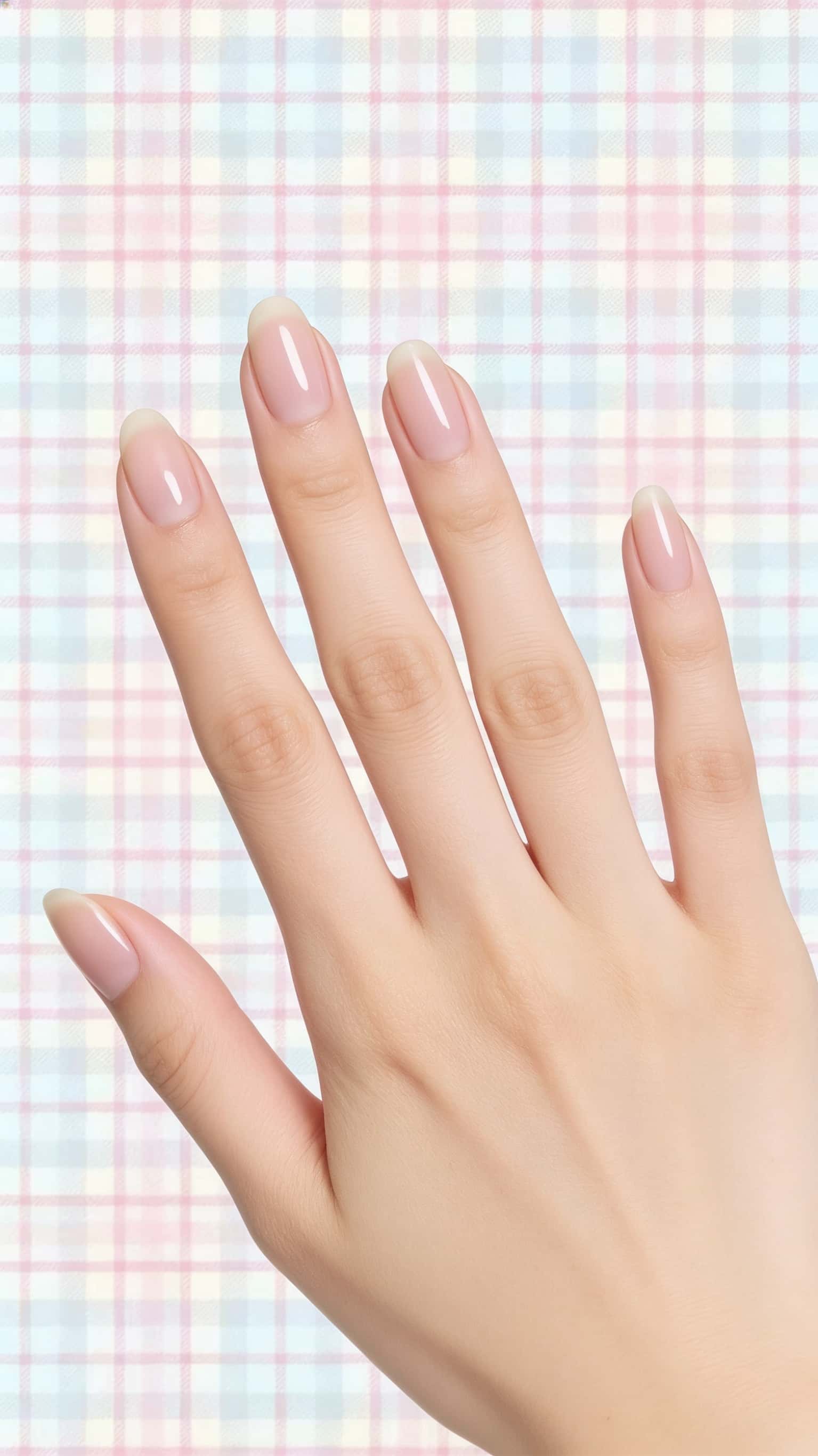Medium oval nails with a sheer nude-pink base and natural tips, finished with a high-gloss shine.