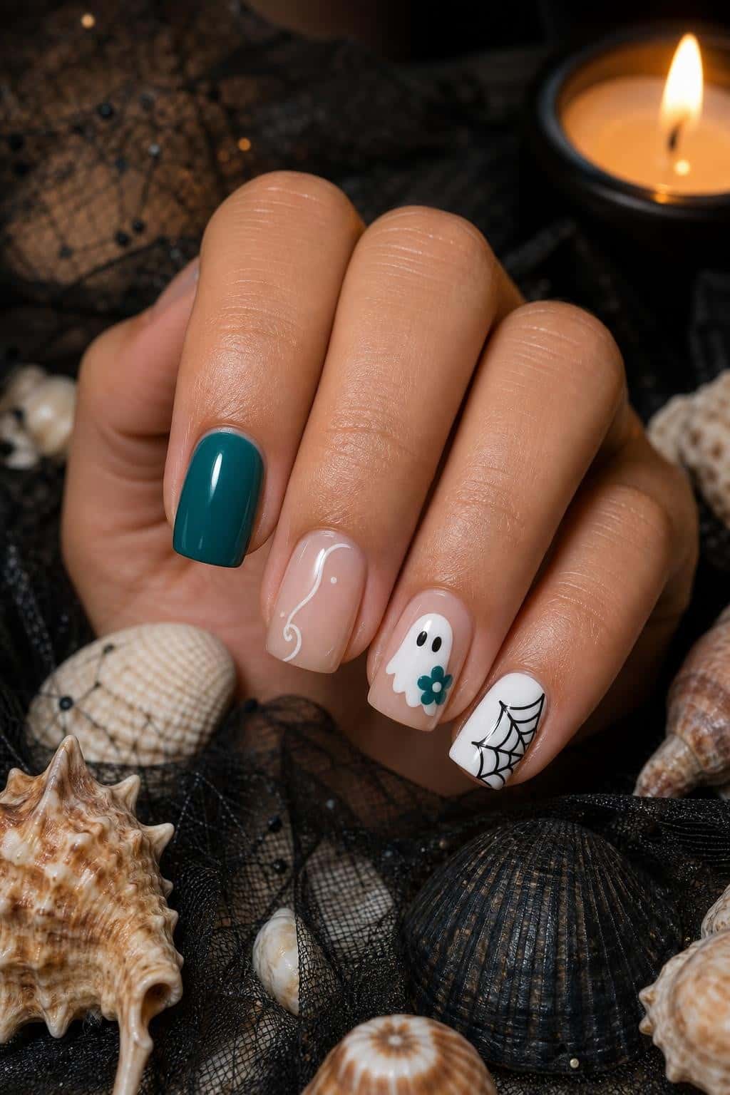 Short square nails with a playful Halloween mix-and-match design including a solid teal, a white swirl, a ghost with a flower, and a spiderweb, all with a gloss