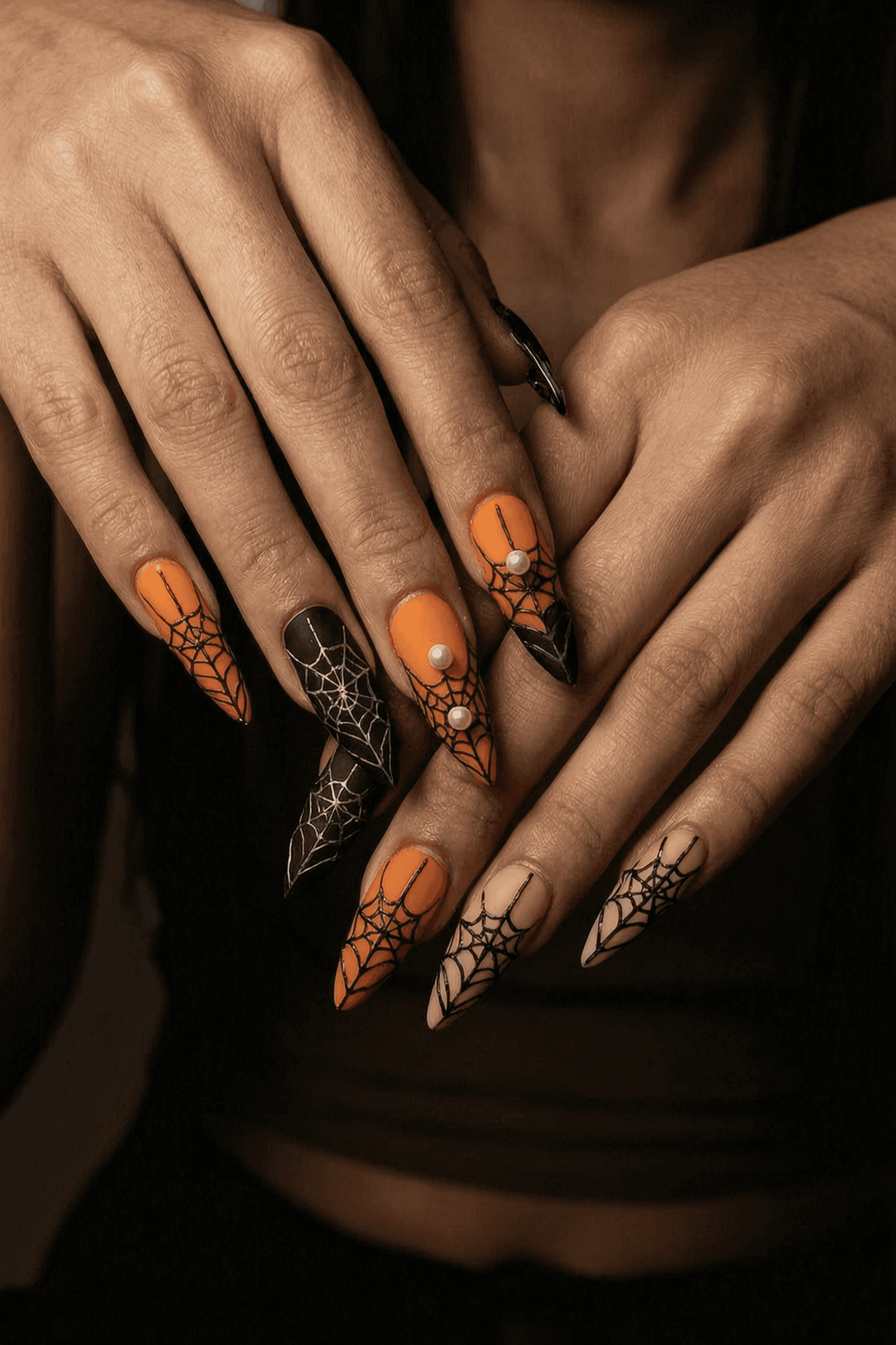 Long stiletto nails with matte orange and black spiderweb designs.