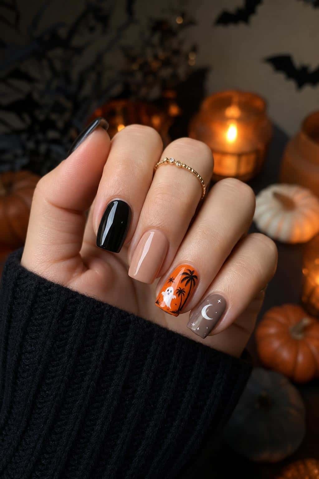 Short squoval nails with a mismatched Halloween design featuring solid black, nude, orange with a ghost and palm trees, and taupe with a moon and stars.