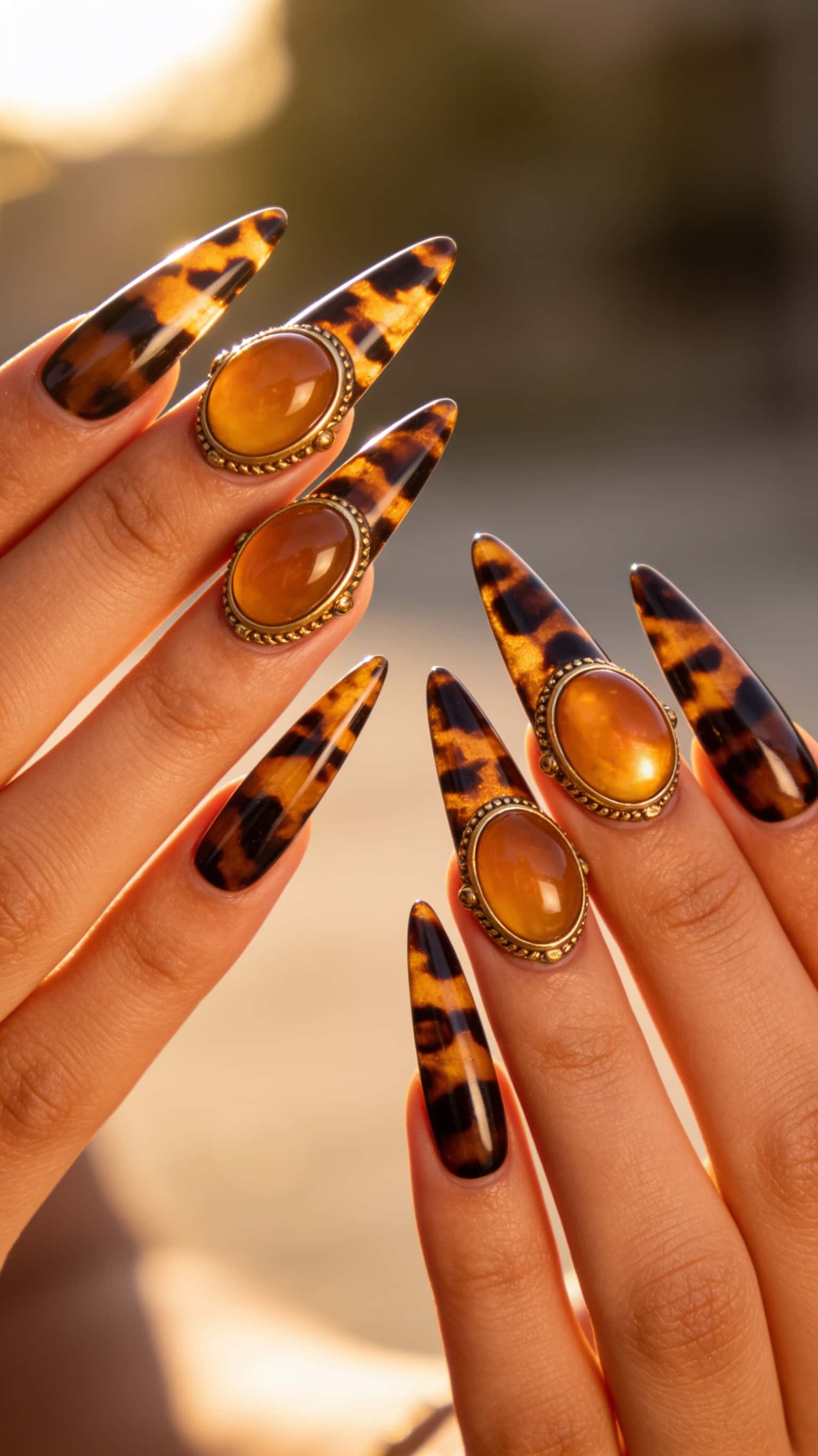 Long stiletto nails with tortoiseshell pattern, gemstone accents, and glossy finish.