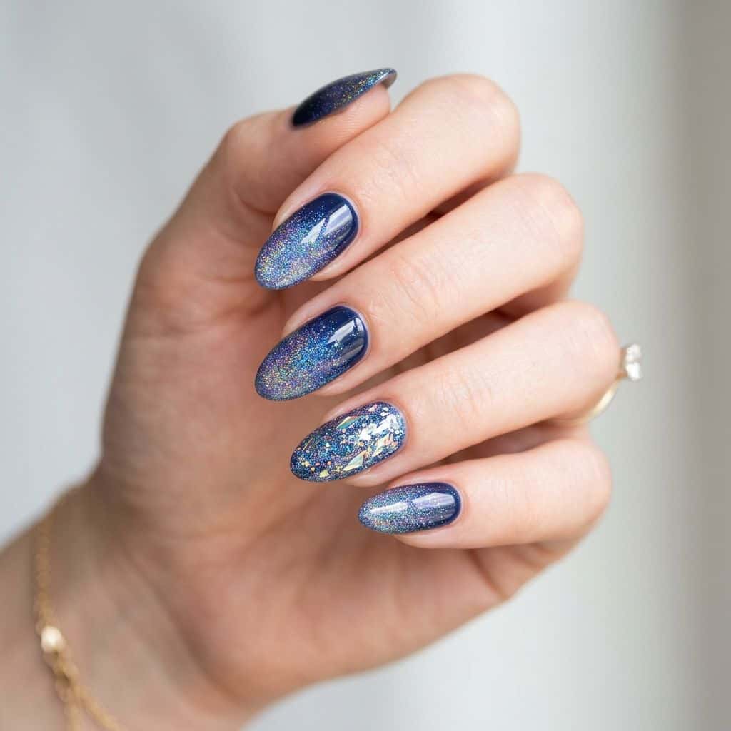 Navy blue and iridescent holographic glitter nails with a subtle gradient effect, holographic foil accents, and a high-shine finish.
