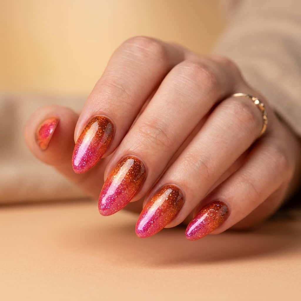 Chrome-plated sunset hues blend with iridescent glitter, gradient shifting from burnt orange to fiery pink on almond-shaped nails, finished with a high-shine.