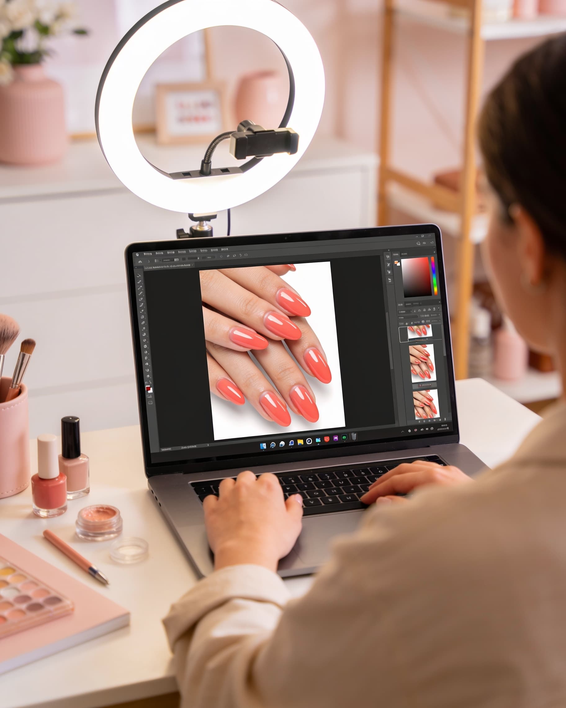 Nail tech generating an AI nail try-on preview from a client hand photo before the appointment
