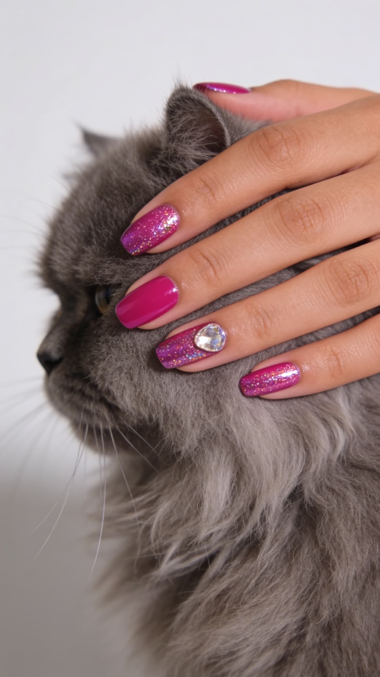 Fuchsia Glitter Gem nail inspo for a single bold accent beside tortoiseshell nails