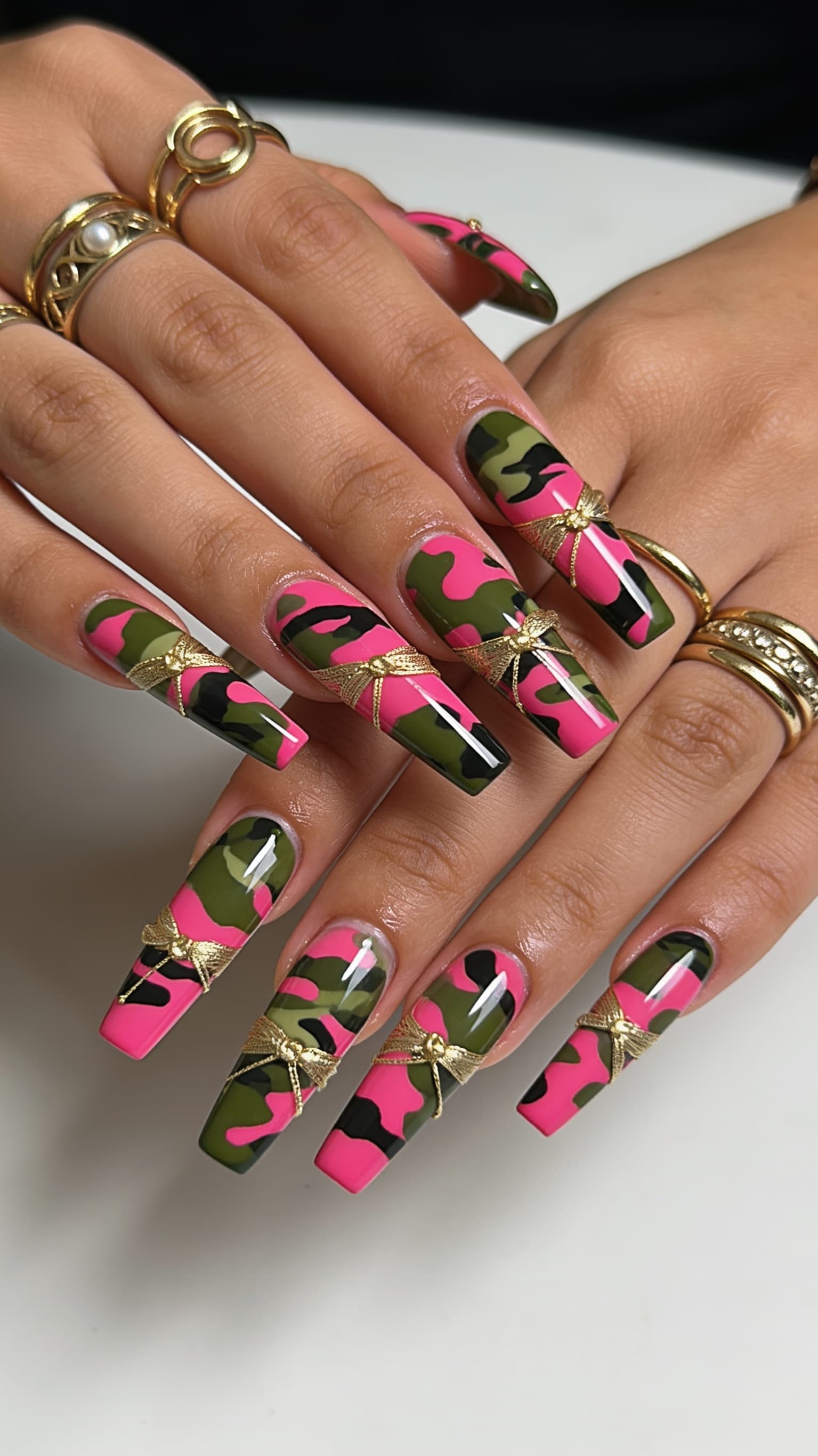 Pink Camo Bows nail inspo: scroll-stopping pink camo with 3D bows from the NailMock gallery