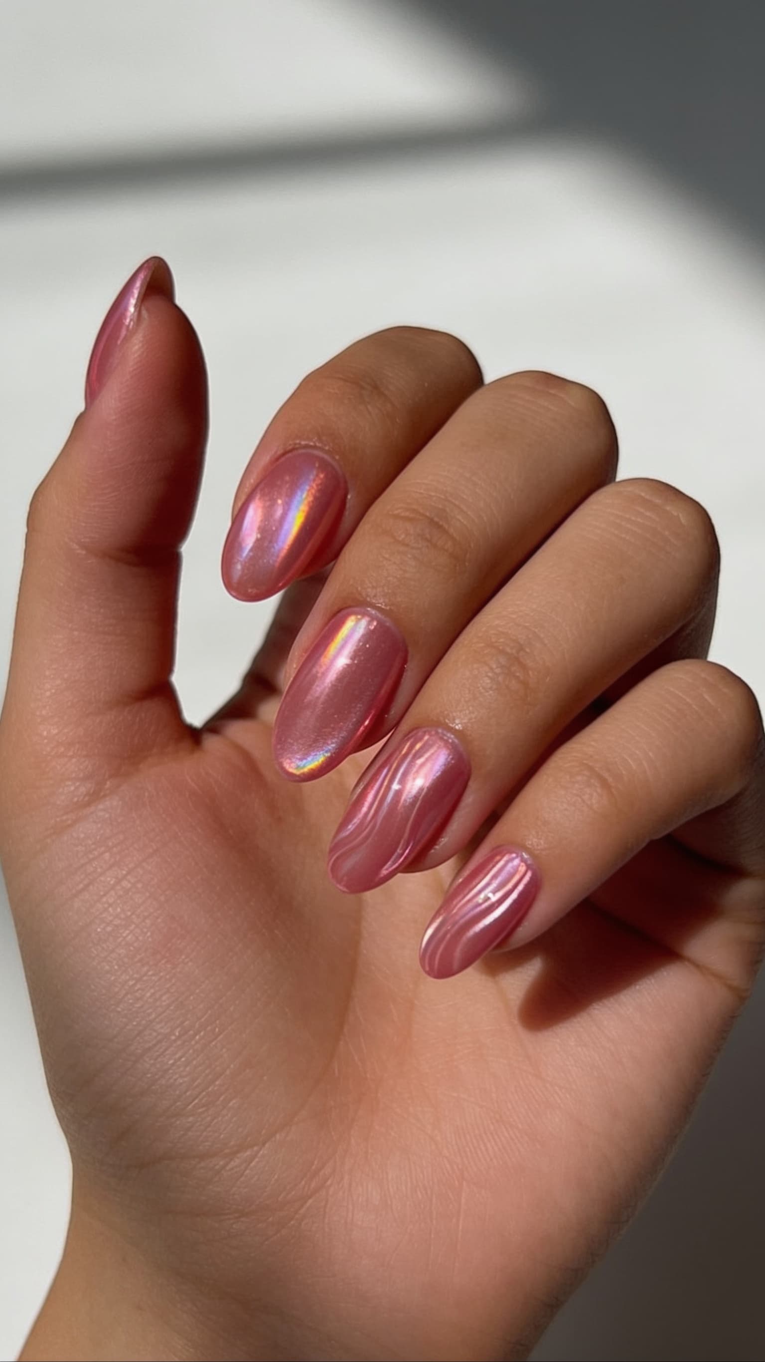 Pink Chrome Shimmer nail inspo with soft metallic pink shine