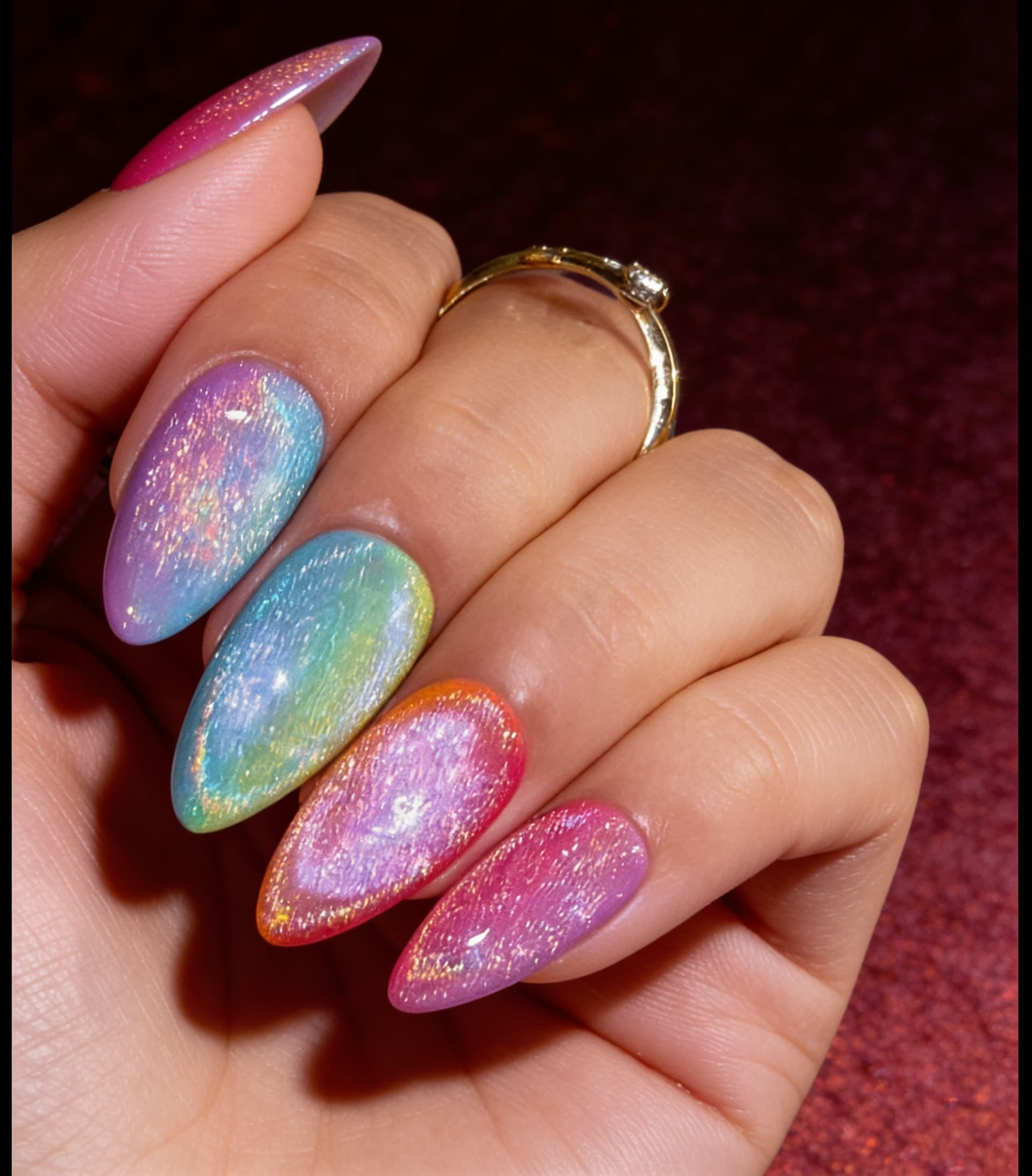 Rainbow cat eye nails showing a magnetic shimmer band across the set