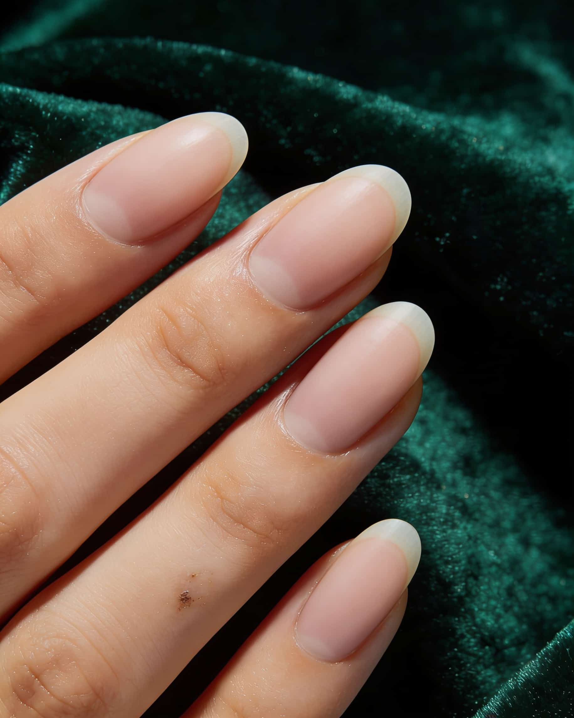 Close-up of a hand with bare, natural, unpainted oval nails, resting on a dark green velvet fabric, in natural light.