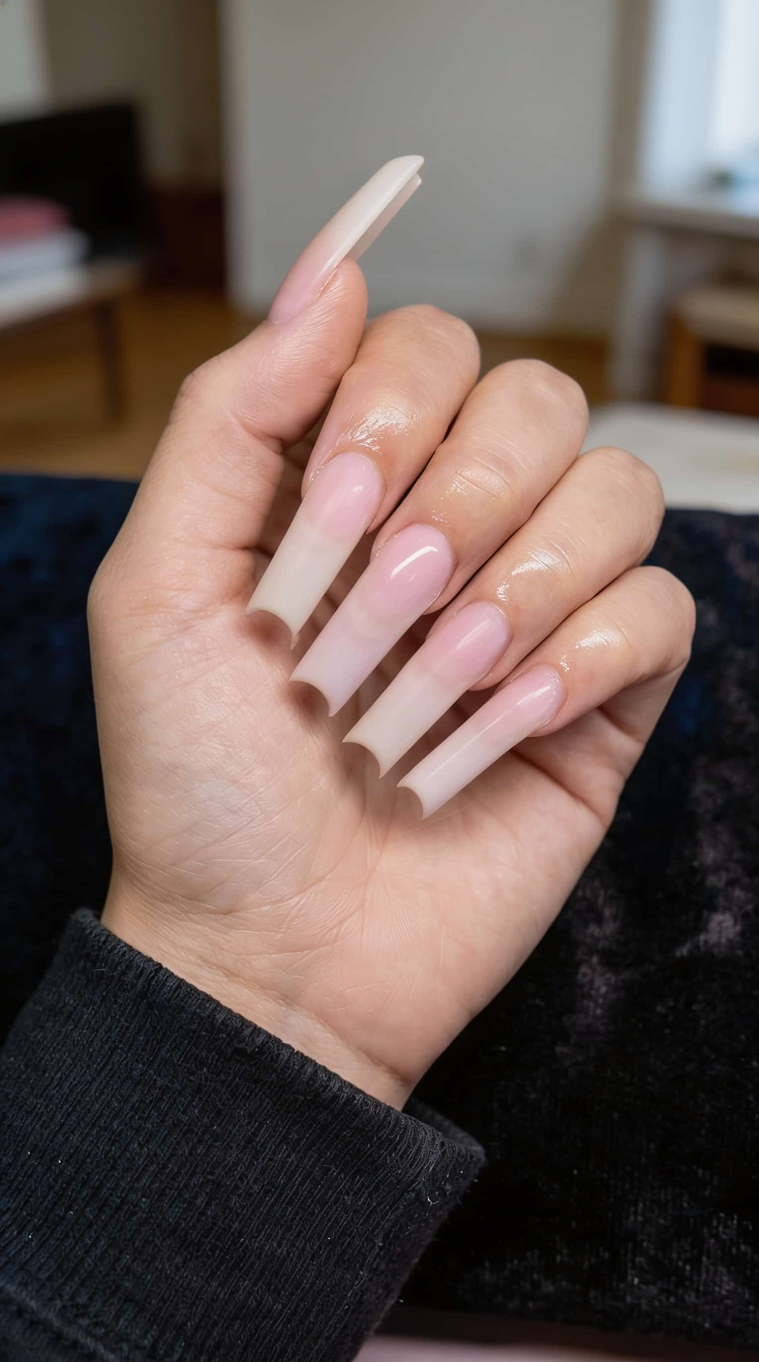 Before image: Bare, natural, unpainted extreme long coffin nails on a hand resting on dark fabric.