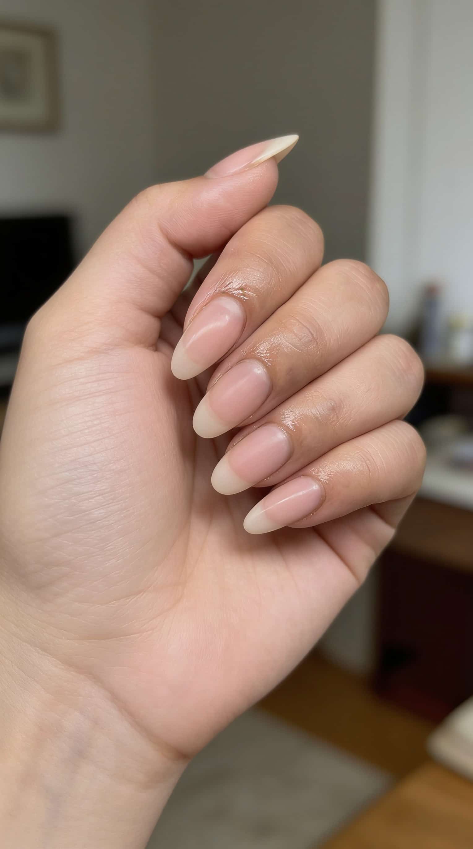 Before: Bare, natural, unpainted nails on a hand in a casual home setting.