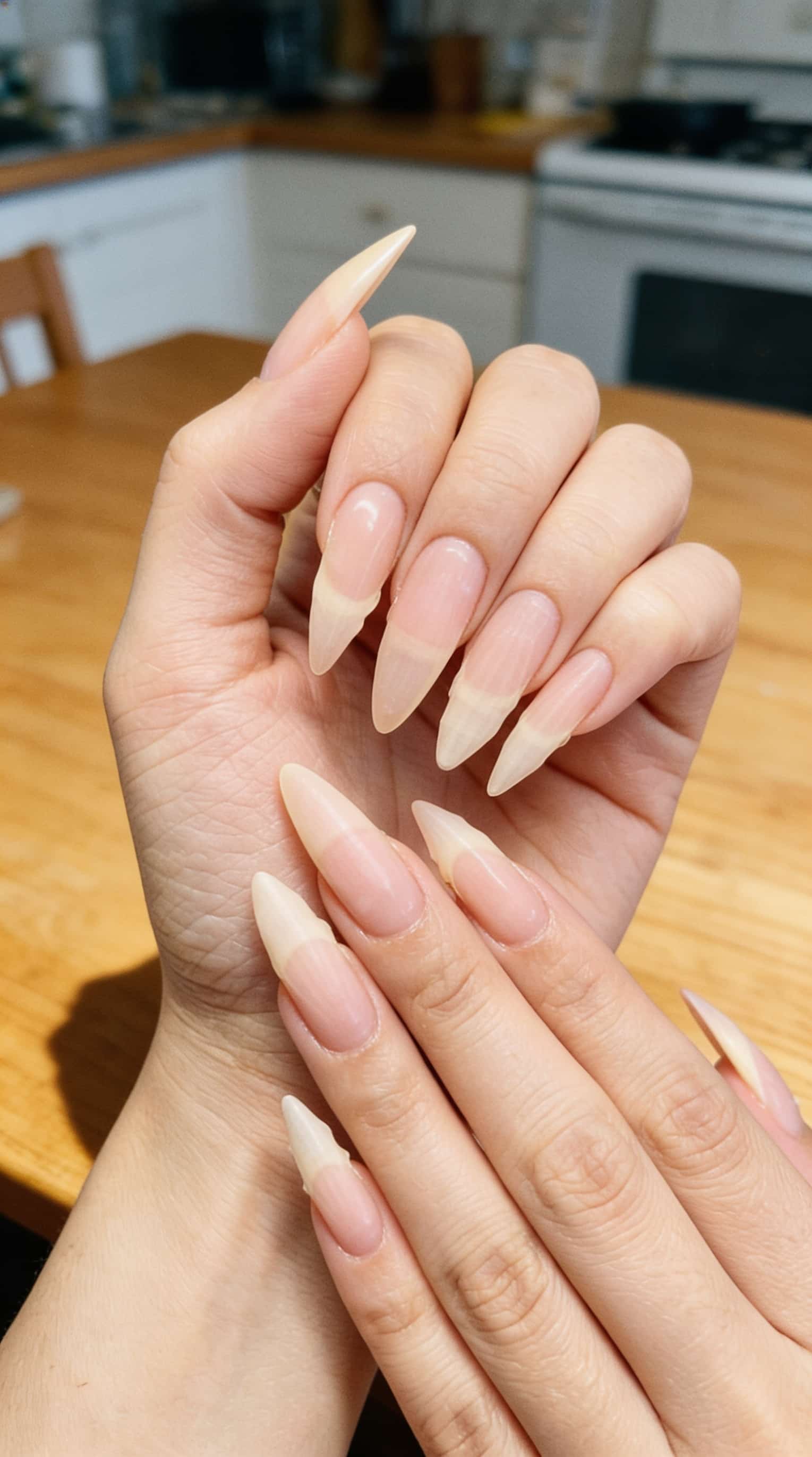 Bare, natural, unpainted long stiletto nails on a hand posed naturally against a candid home background.