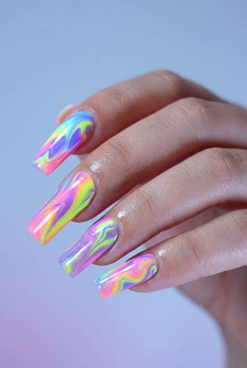 Hands with long, square nails featuring a vibrant psychedelic neon swirl design with iridescent glitter and a glossy finish.