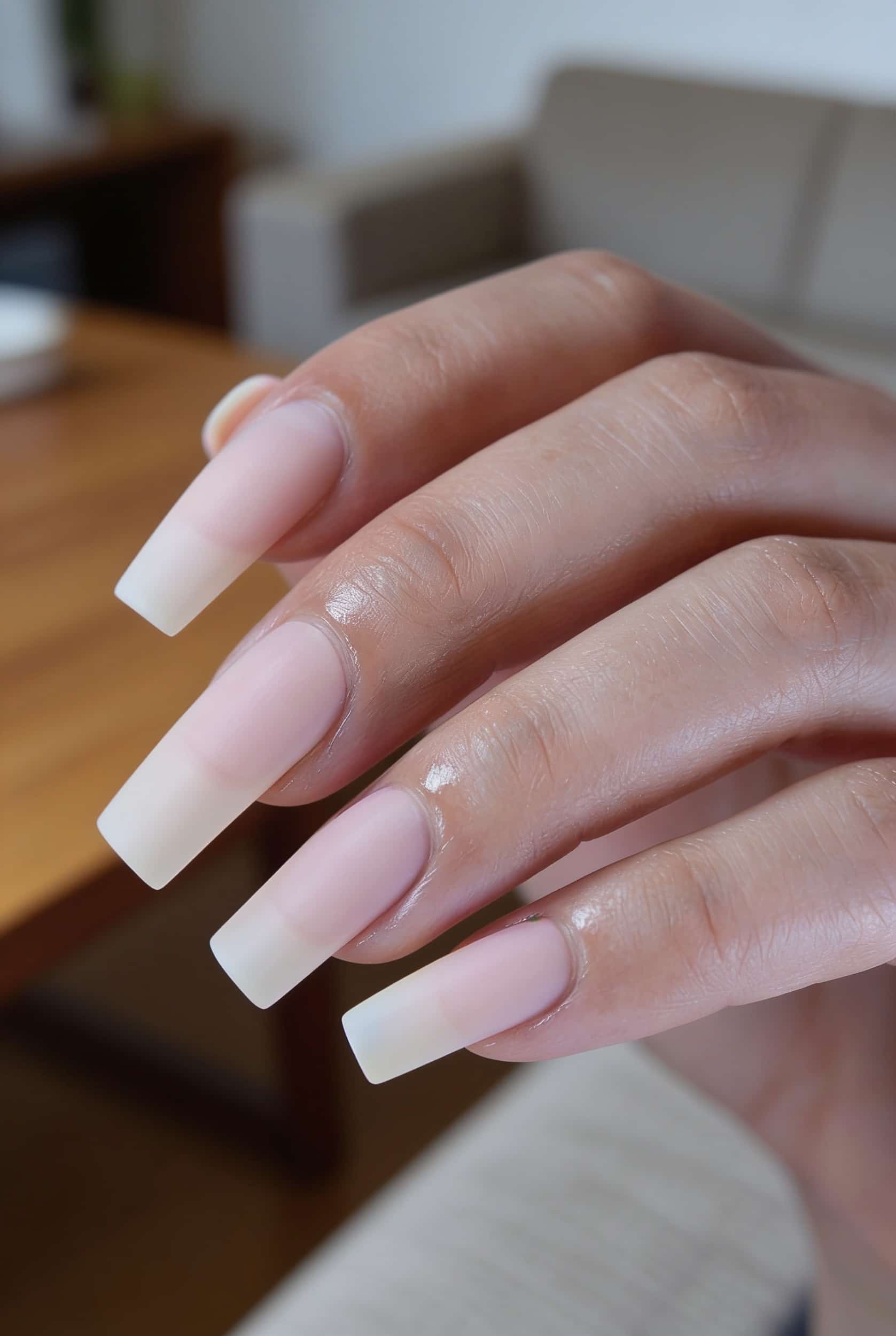 Bare, natural, unpainted hands with clean, medium-length square nails in a casual home setting.