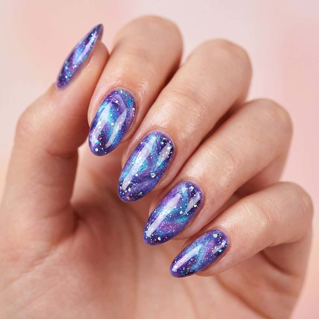Iridescent blue and purple hues blend in a marbled gradient effect on the nail, with scattered holographic glitter accents.