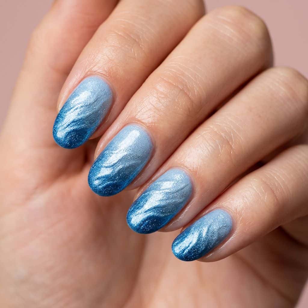 Soft, gradient blue nails with a textured, metallic finish, featuring a subtle, wavy pattern resembling moonlit sand dunes.