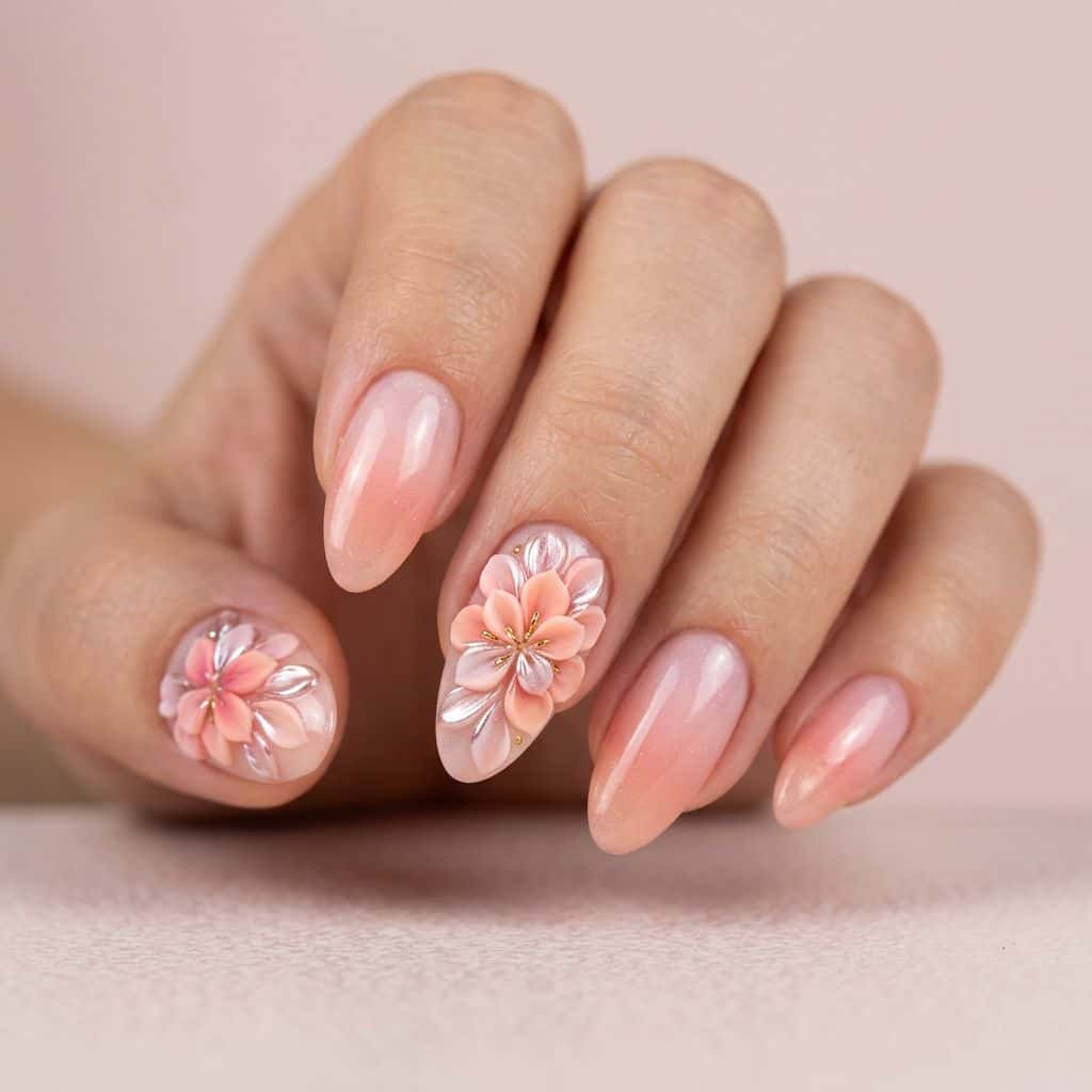 A whimsical, 3D floral design features soft pink and peach ombre hues, graduating from sheer to opaque.