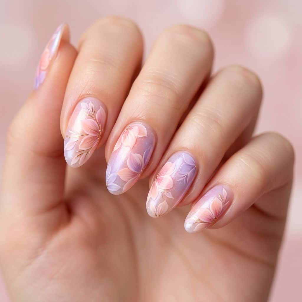 Aurora Bloom: Soft, whimsical petals in shades of pastel pink, peach, and lavender dance across the nail in a gradient effect, blending seamlessly into a.