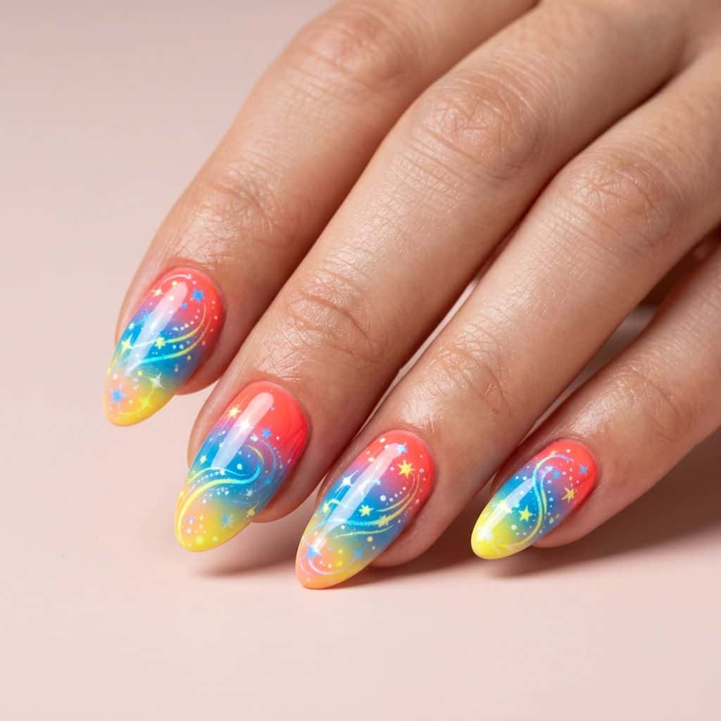 A bold, neon-infused design featuring a gradient of bright coral, electric blue, and sunshine yellow on a glossy finish.