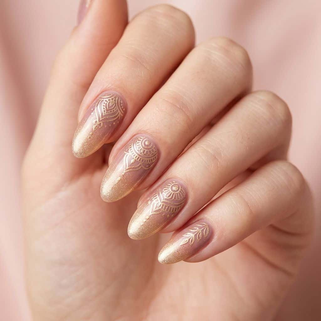 Soft, serene fingernails featuring a gradient of mauve and champagne hues, with intricate, hand-painted henna-inspired details in a subtle shimmer finish.