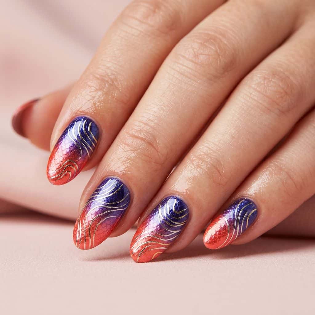 Intense indigo and bright coral colors merge in a mesmerizing ombre effect, gradating from dark to light.