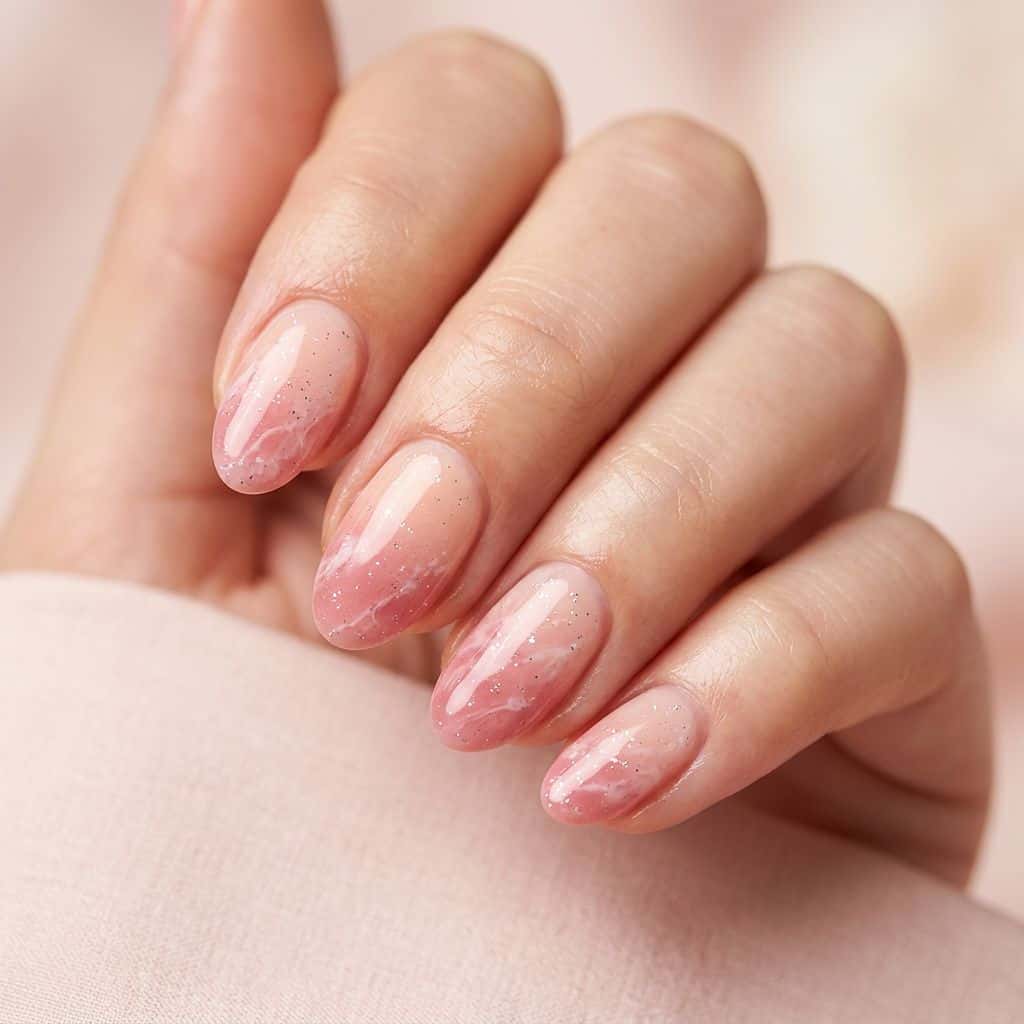 A modern, trendy design featuring a delicate rose quartz ombre effect on the nail bed, gradually transitioning from a soft, peachy pink at the cuticle to a.