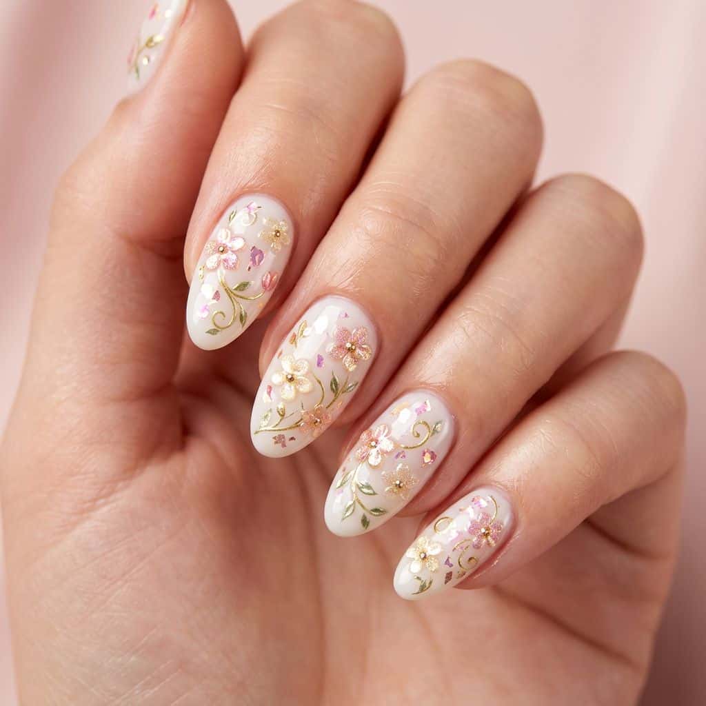 A delicate, 3D-effect floral pattern on a soft, creamy white base, accented with iridescent pink and gold flakes.