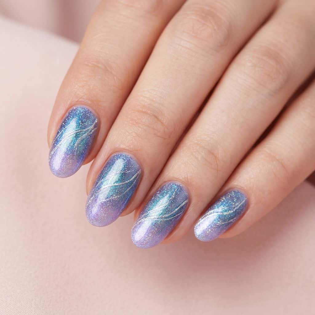 Luminous, holographic nail art features a gradient of iridescent blues and purples, with microscopic glitter particles giving the illusion of moonlight on.