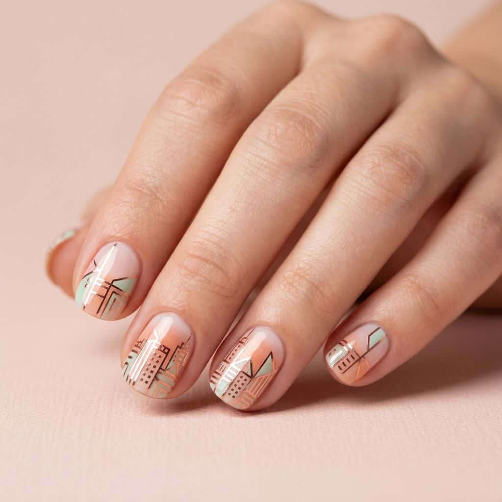 Delicate, geometric shapes in metallic rose gold and soft mint green on a smooth, glossy finish.