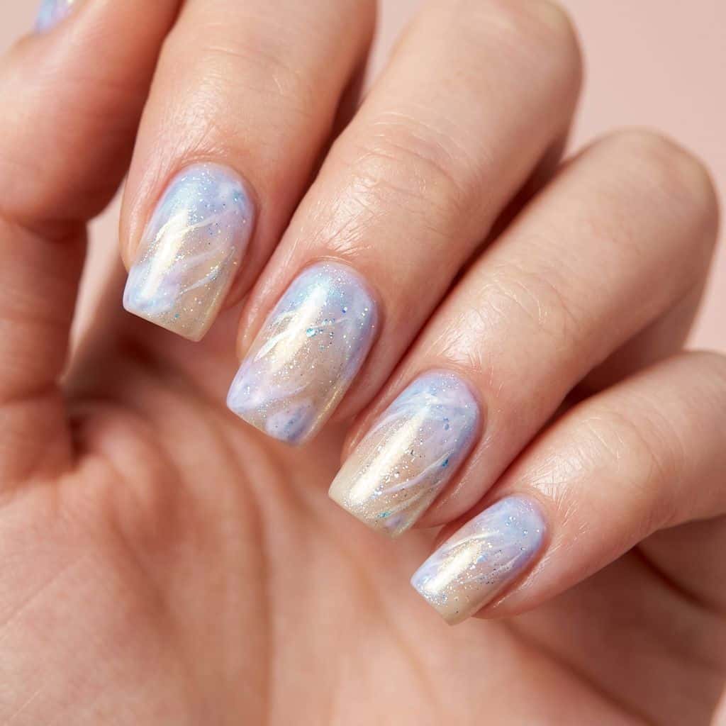Ethereal, gradient-blended nails featuring soft, swirling clouds of pale blue and lavender, gently transitioning into a warm, champagne-beige finish.